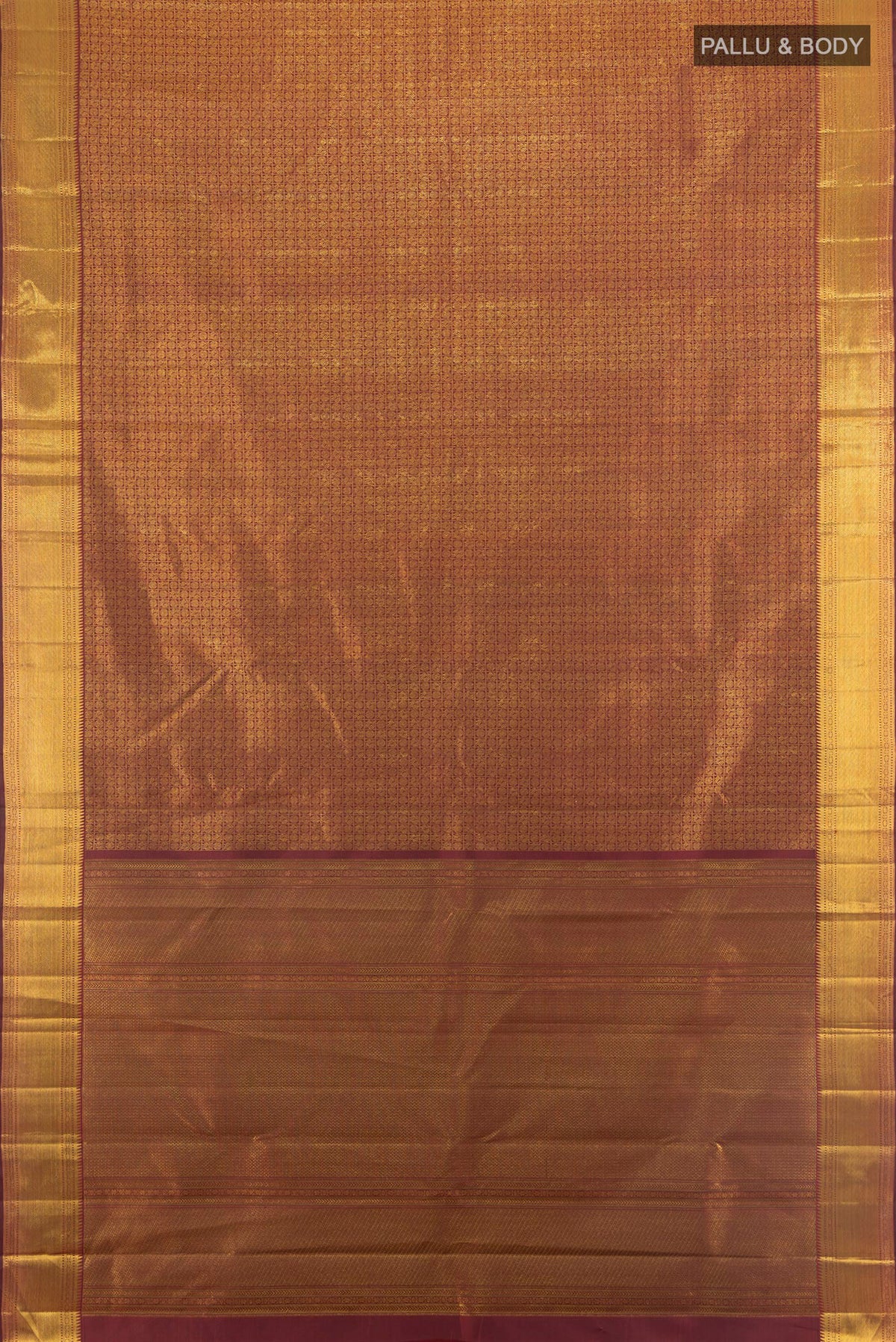 Flat view of Pure Silk Pure Zari Coffee Brown Kanjivaram Saree with Zari Brocade on the body and Zari Border. 