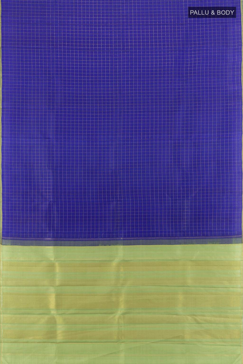 Flat view of Pure Silk Pure Zari Royal Blue Kanchipuram Saree with Checked design on the body and Without Border. 