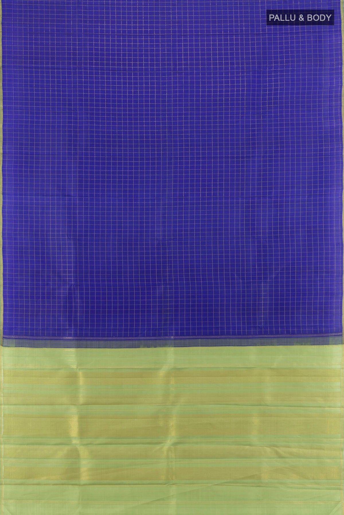 Flat view of Pure Silk Pure Zari Royal Blue Kanchipuram Saree with Checked design on the body and Without Border. 