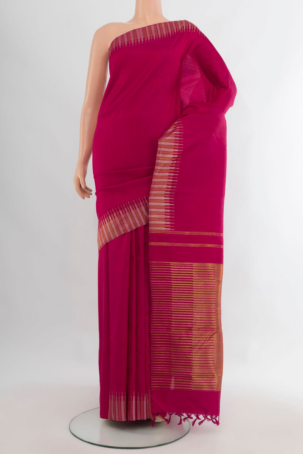 Pure Silk Pure Zari Maroon Kanchipuram Saree with Plain Body and Temple Border.  displayed on a mannequin