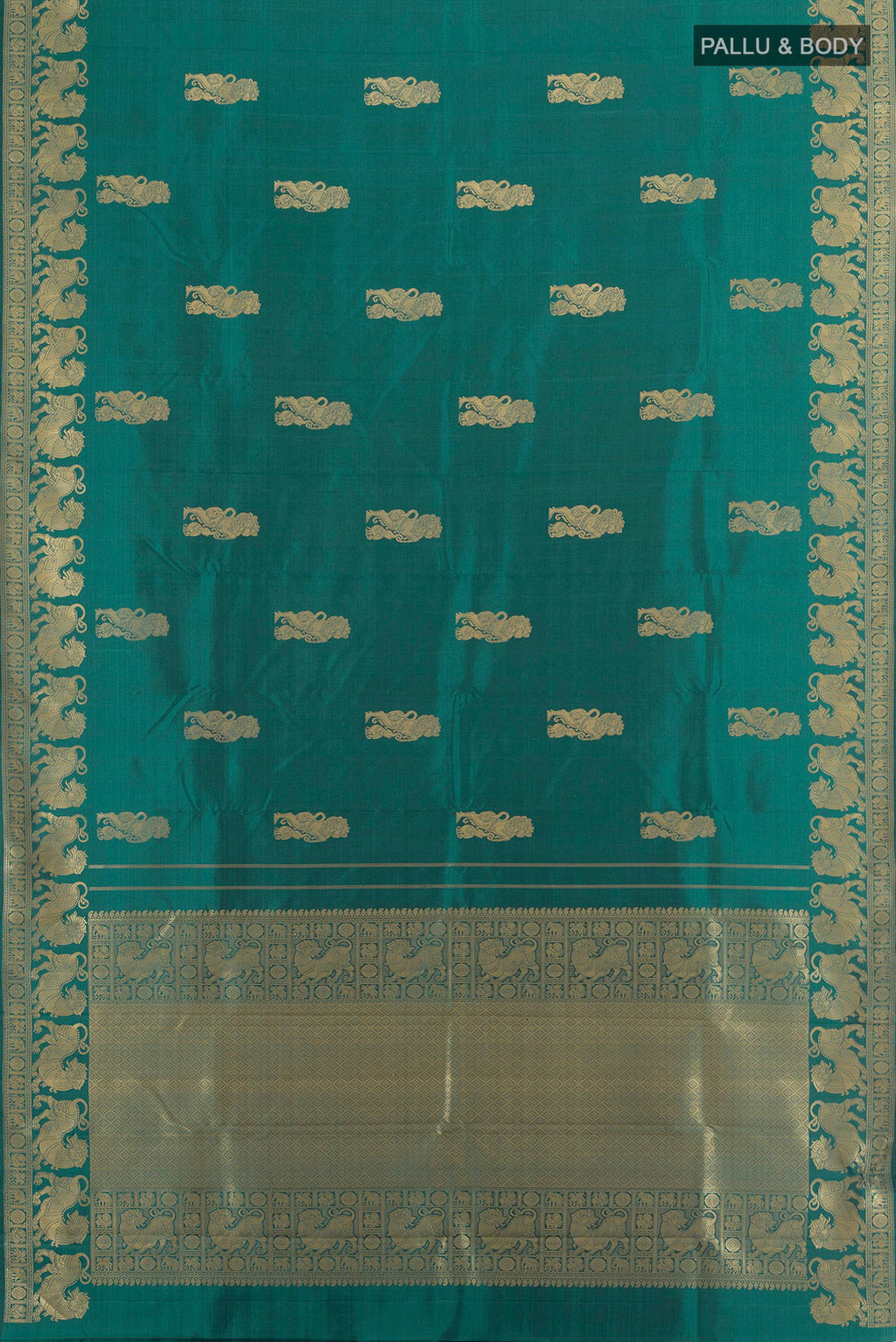 Flat view of Pure Silk Blue Kanjivaram Saree with Plain Body and Silk Border. 