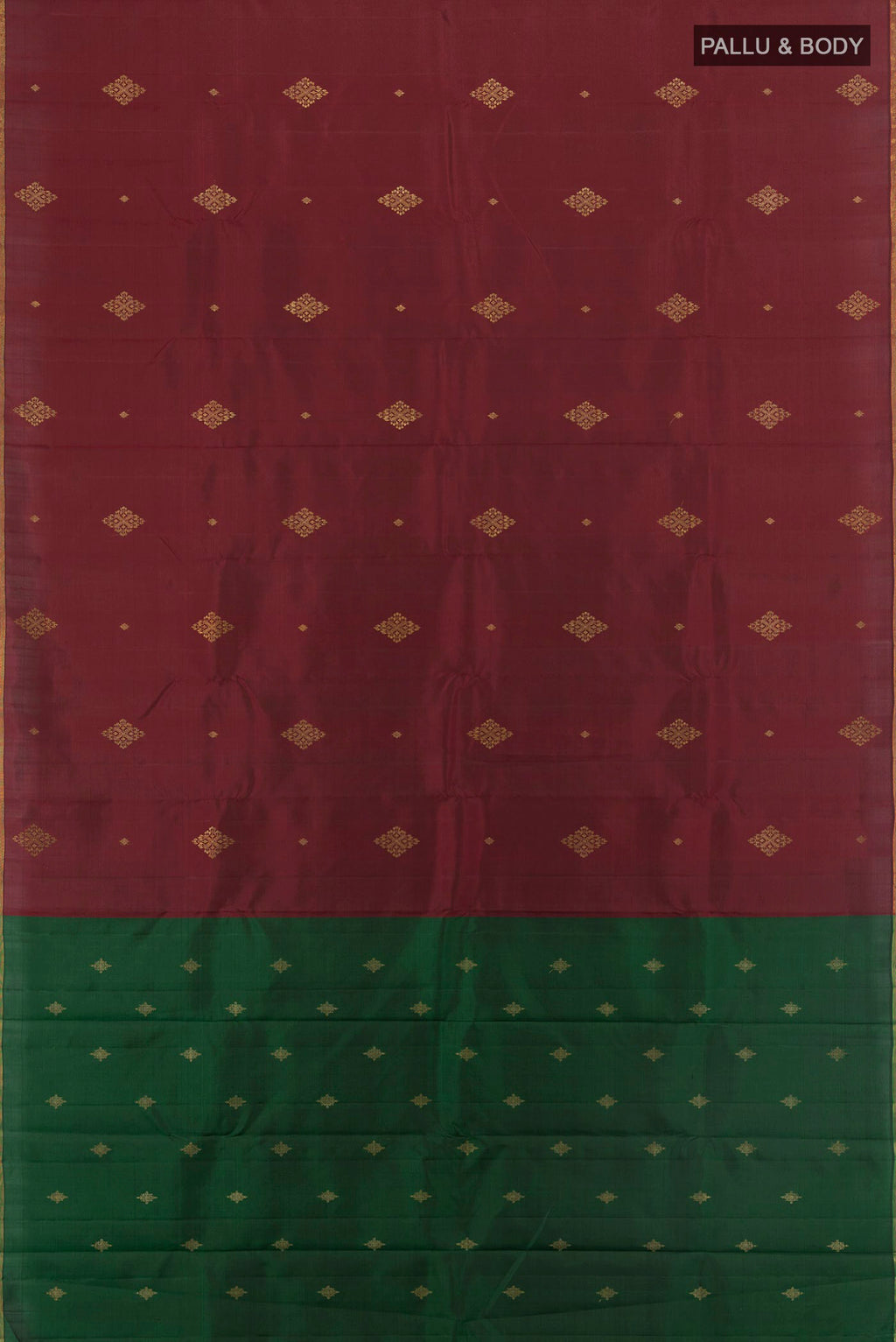 Flat view of Pure Silk Pure Zari Maroon Kanchipuram Saree with Zari Butta on the body and Zari Border. 
