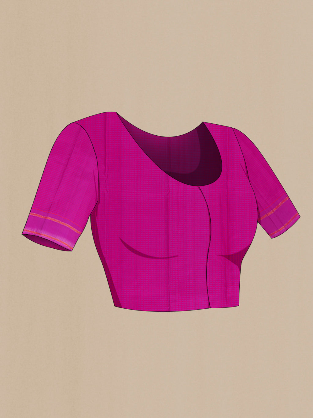 Close up image of the blouse of Magenta Kanjivaram Silk Saree with Checked design on the body and Plain Border. 