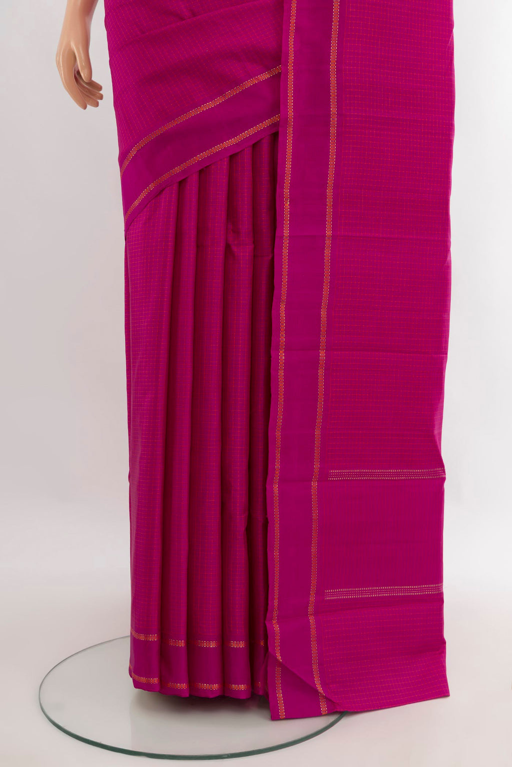 Pleats and pallu of Magenta Kanjivaram Silk Saree with Checked design on the body and Plain Border. 