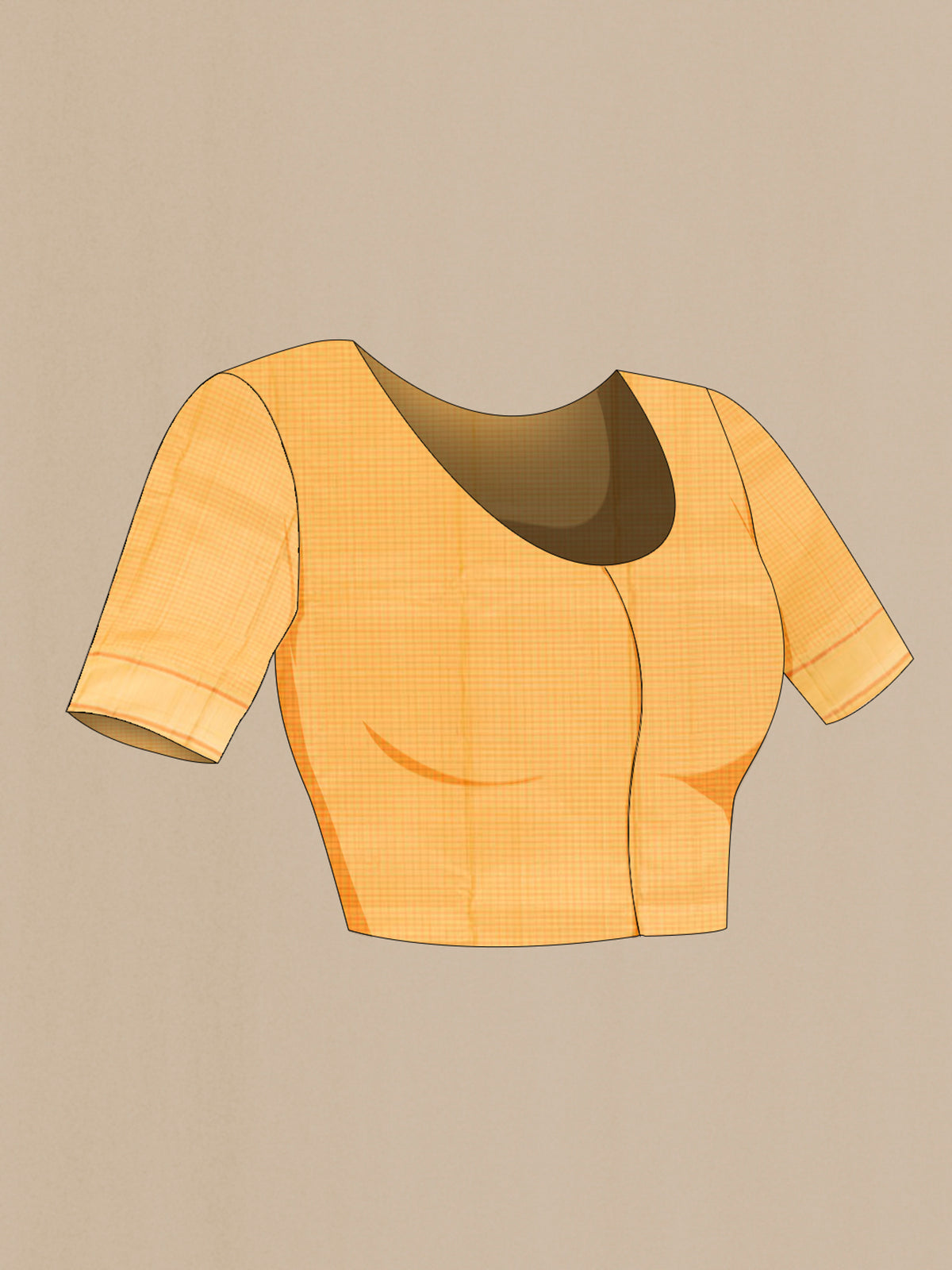Close up image of the blouse of Pure Silk Yellow Kanjivaram Saree with Checked design on the body and Plain Border. 