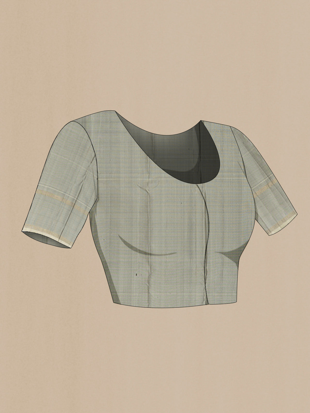 Close up image of the blouse of Pure Silk Davys Grey Kanjivaram Saree with Stripes on the body and Zari Border. 