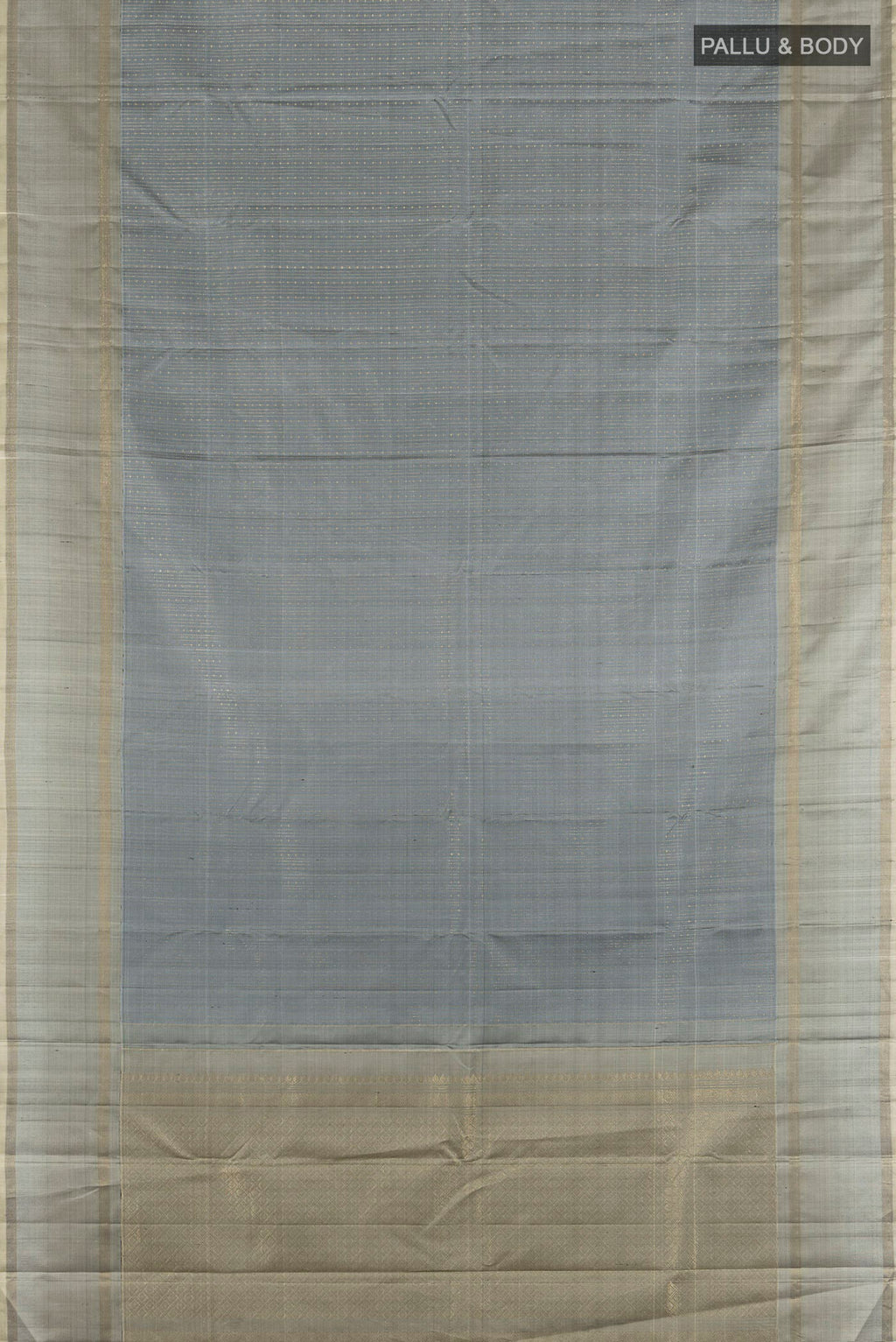 Flat view of Pure Silk Davys Grey Kanjivaram Saree with Stripes on the body and Zari Border. 