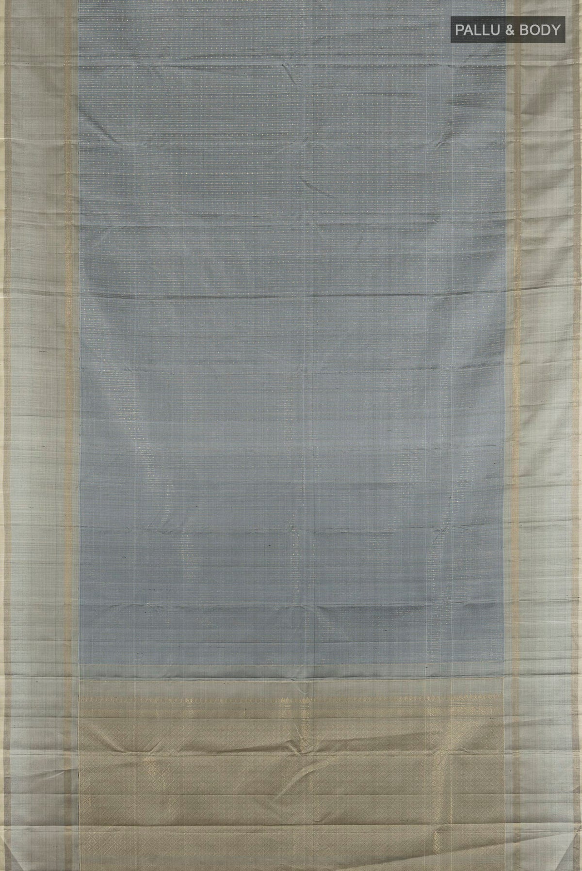 Flat view of Pure Silk Davys Grey Kanjivaram Saree with Stripes on the body and Zari Border. 