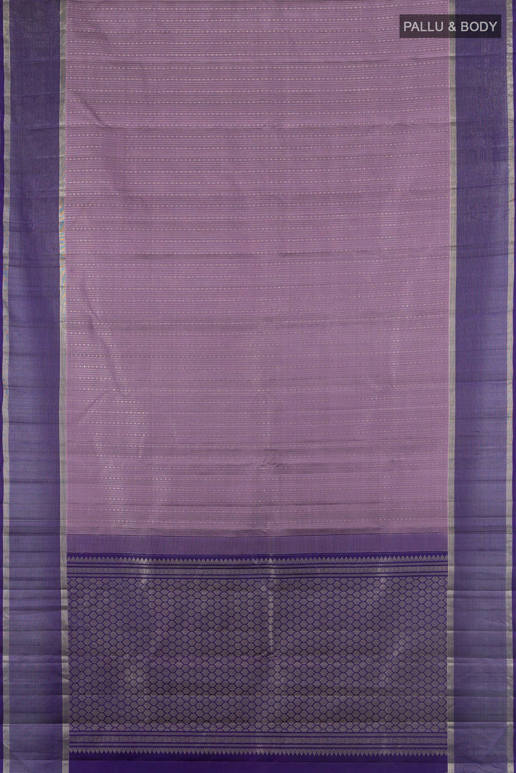 Flat view of Pure Silk Pure Zari Lavender Kanjivaram Saree with Zari Butta on the body and Silk Border. 