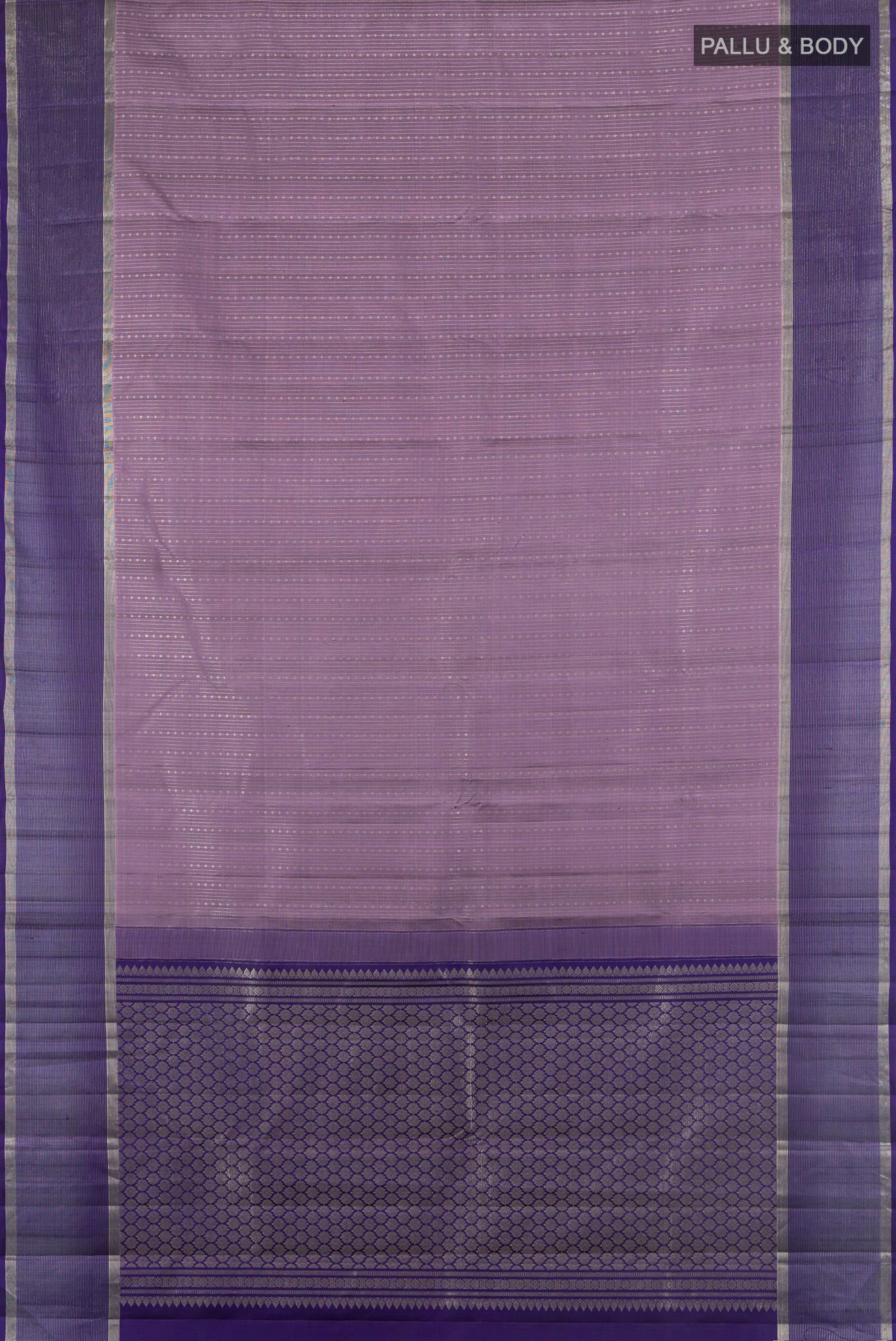 Flat view of Pure Silk Pure Zari Lavender Kanjivaram Saree with Zari Butta on the body and Silk Border. 