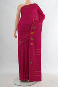 Pure Silk Dark Pink Kanchipuram Saree with Plain Body and Thin Zari Line.  displayed on a mannequin
