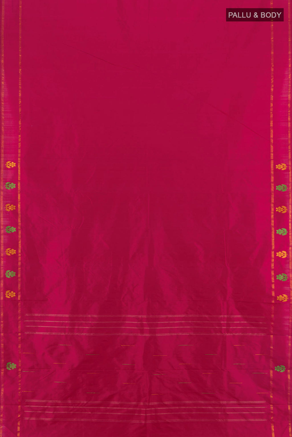 Flat view of Pure Silk Dark Pink Kanchipuram Saree with Plain Body and Thin Zari Line. 