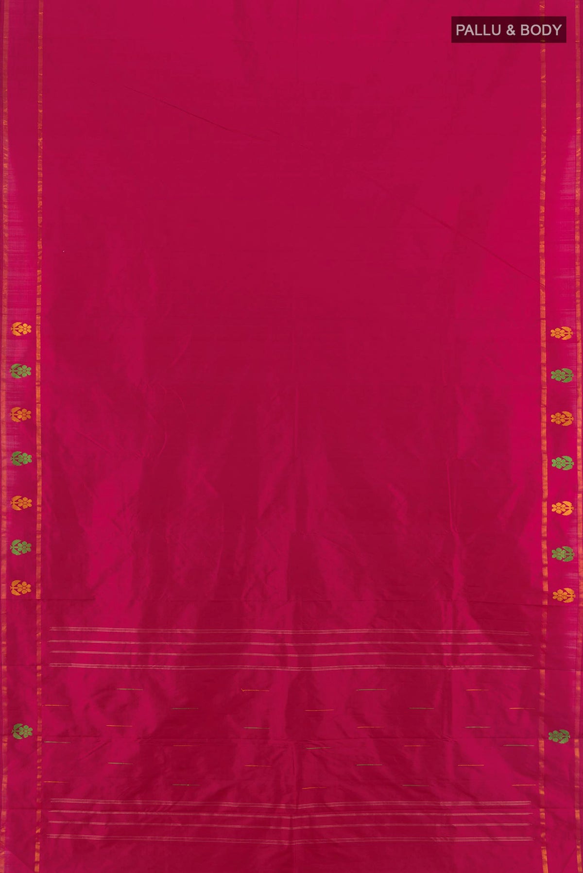 Flat view of Pure Silk Dark Pink Kanchipuram Saree with Plain Body and Thin Zari Line. 