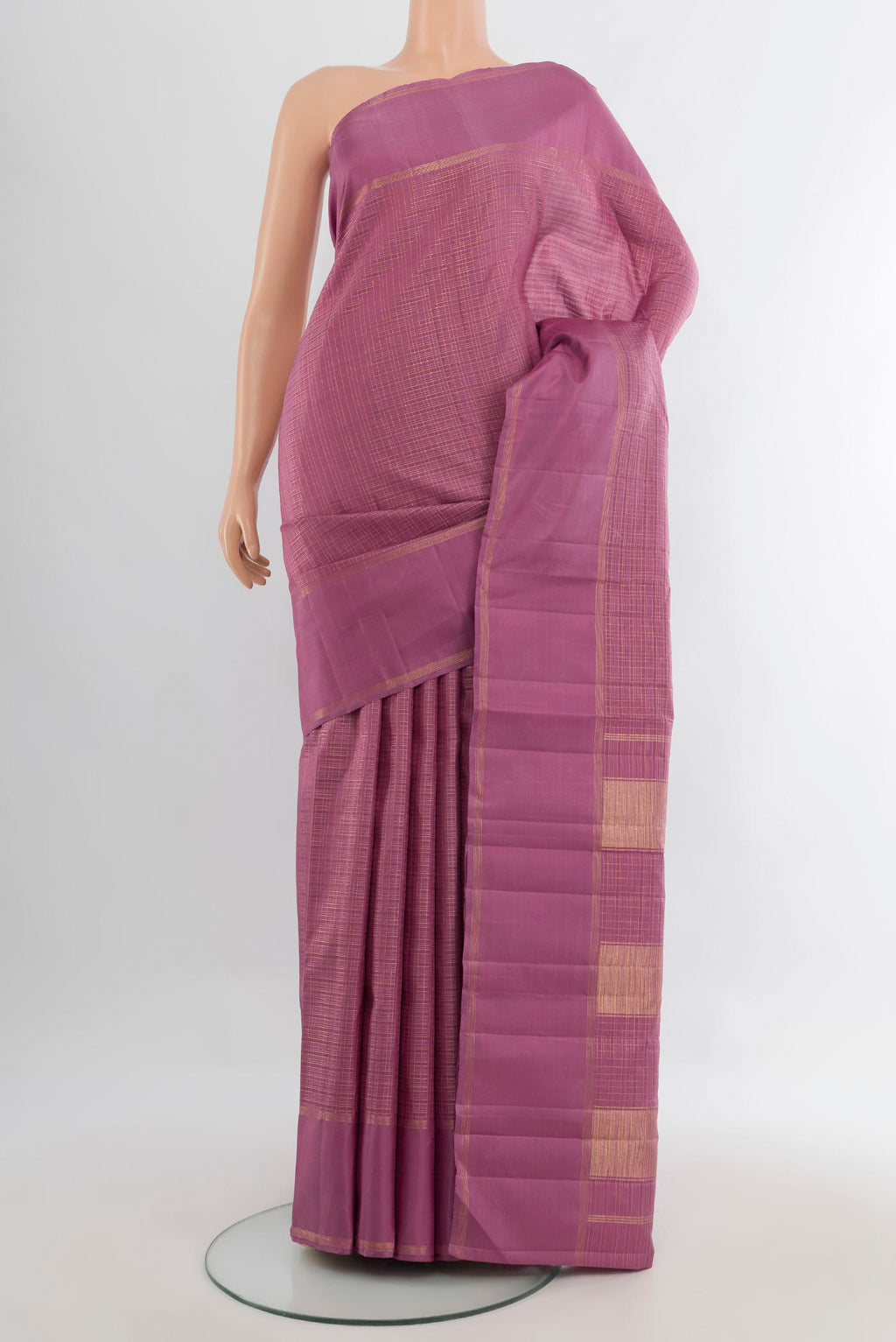 Pure Silk Lavender Kanjivaram Saree with Checked design on the body and Plain Border.  displayed on a mannequin