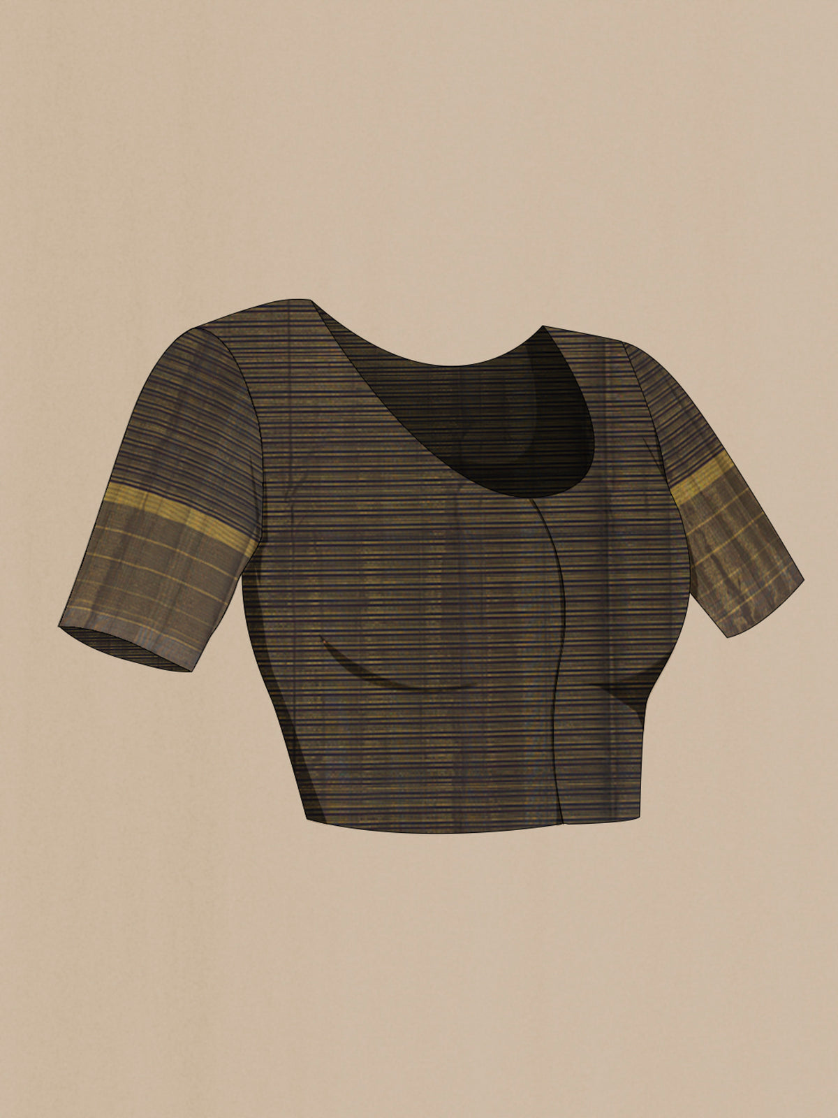 Close up image of the blouse of Pure Silk Brown Kanjivaram Saree with Checked design on the body and Zari Border. 