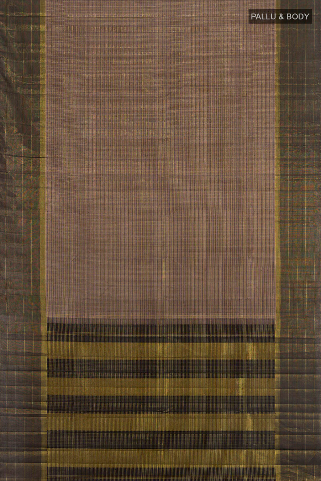 Flat view of Pure Silk Brown Kanjivaram Saree with Checked design on the body and Zari Border. 