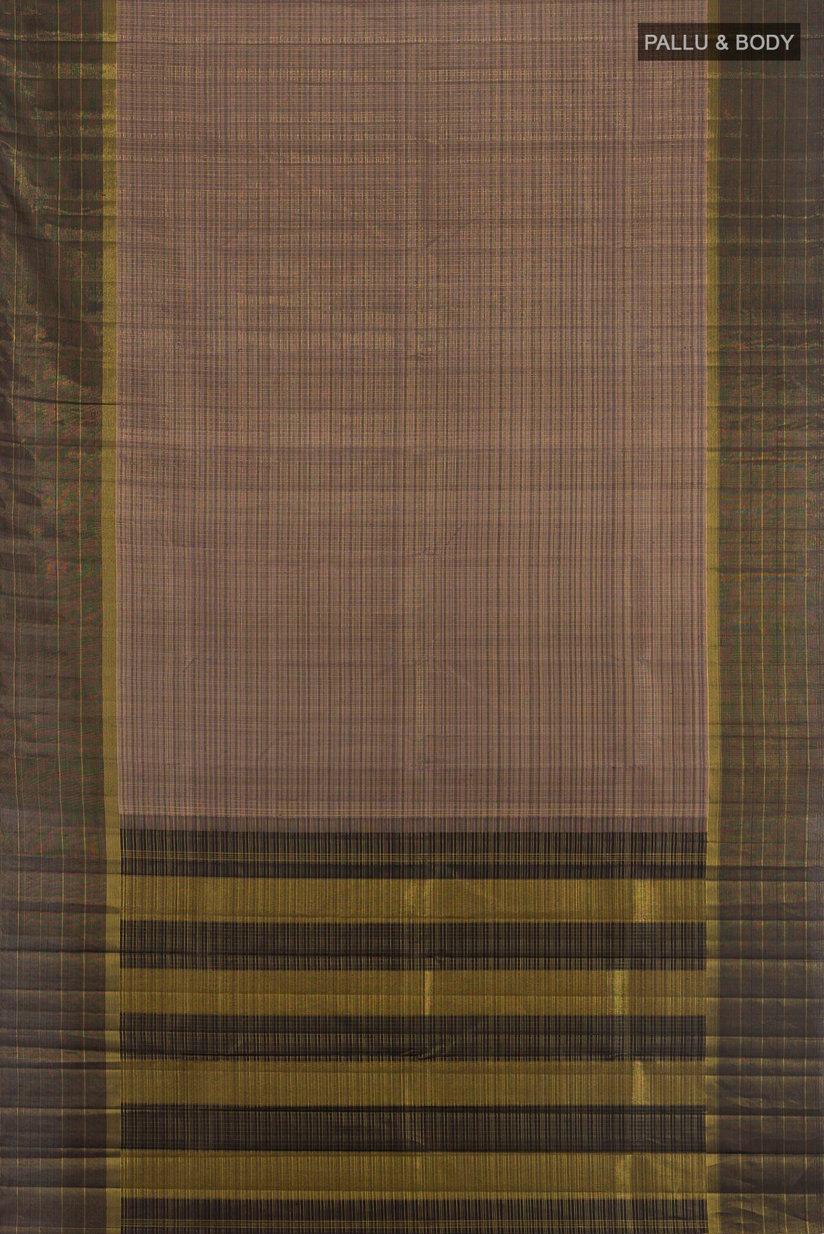 Flat view of Pure Silk Brown Kanjivaram Saree with Checked design on the body and Zari Border. 