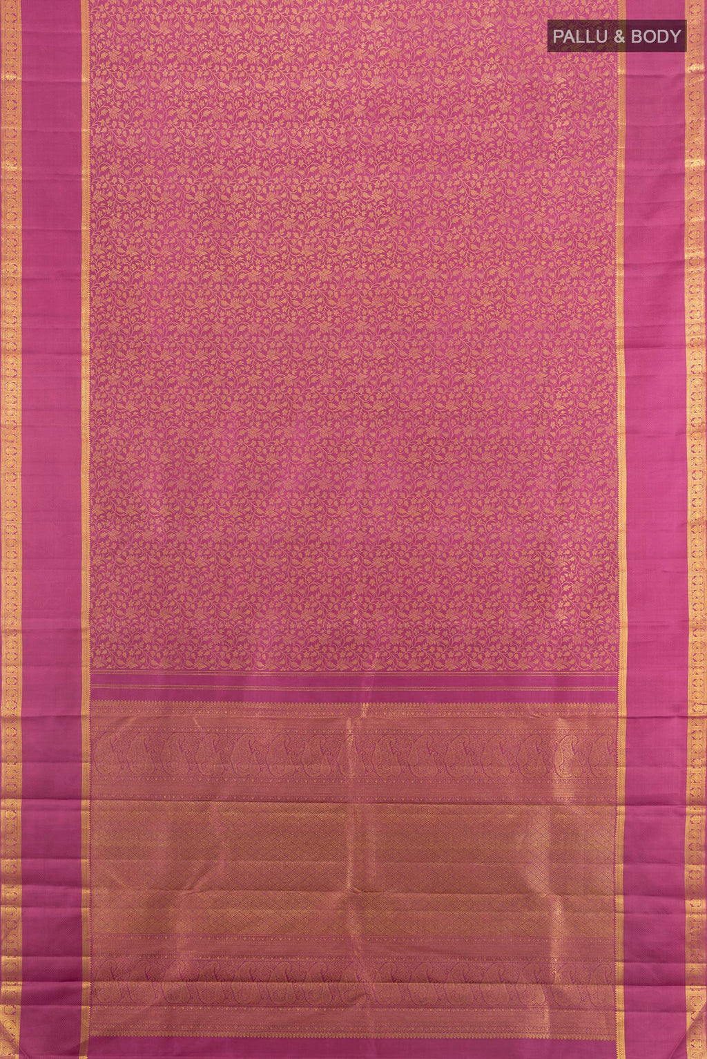 Flat view of Pure Silk Pink Kanchipuram Saree with Jacquard design on the body and Zari Border. 