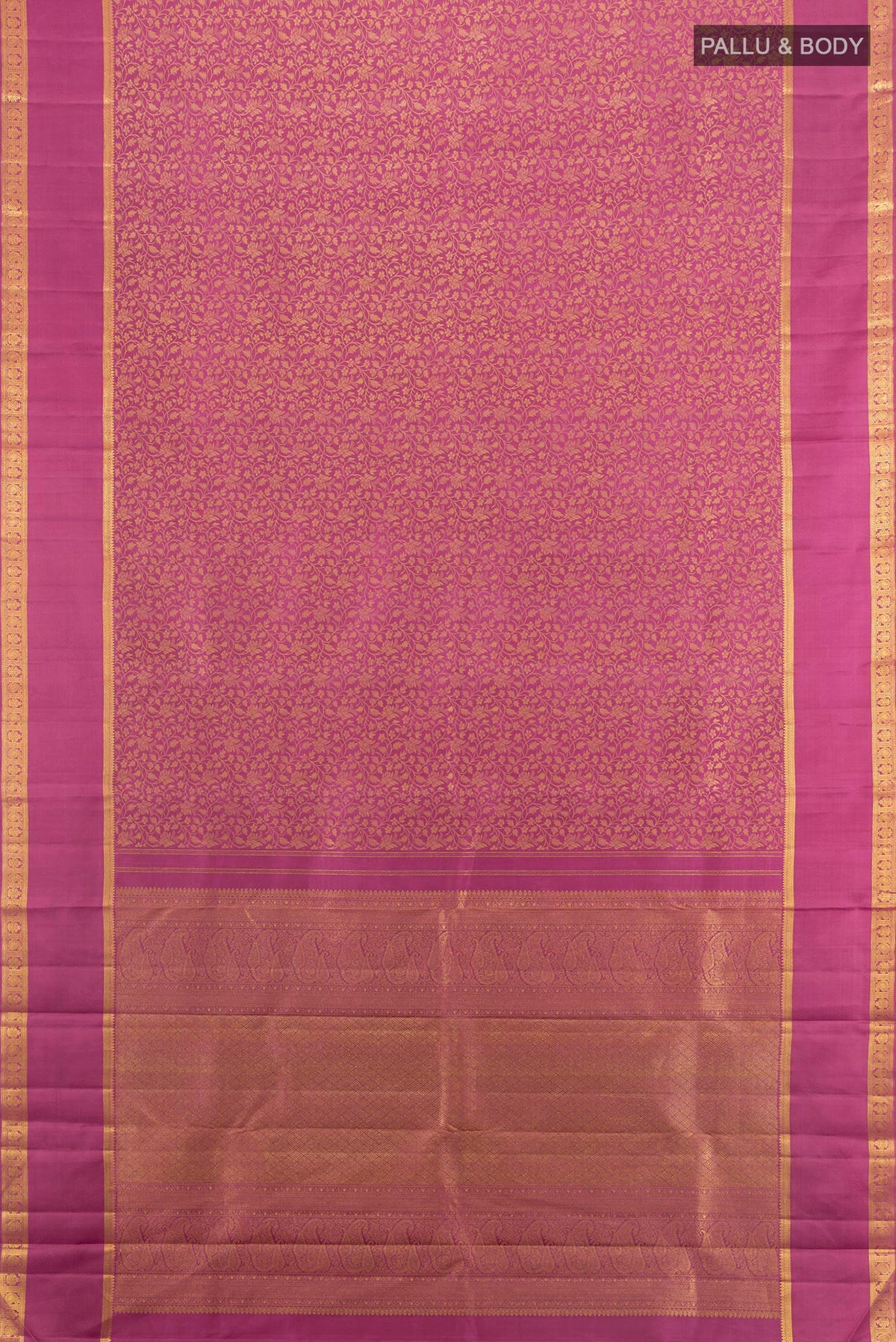 Flat view of Pure Silk Pink Kanchipuram Saree with Jacquard design on the body and Zari Border. 