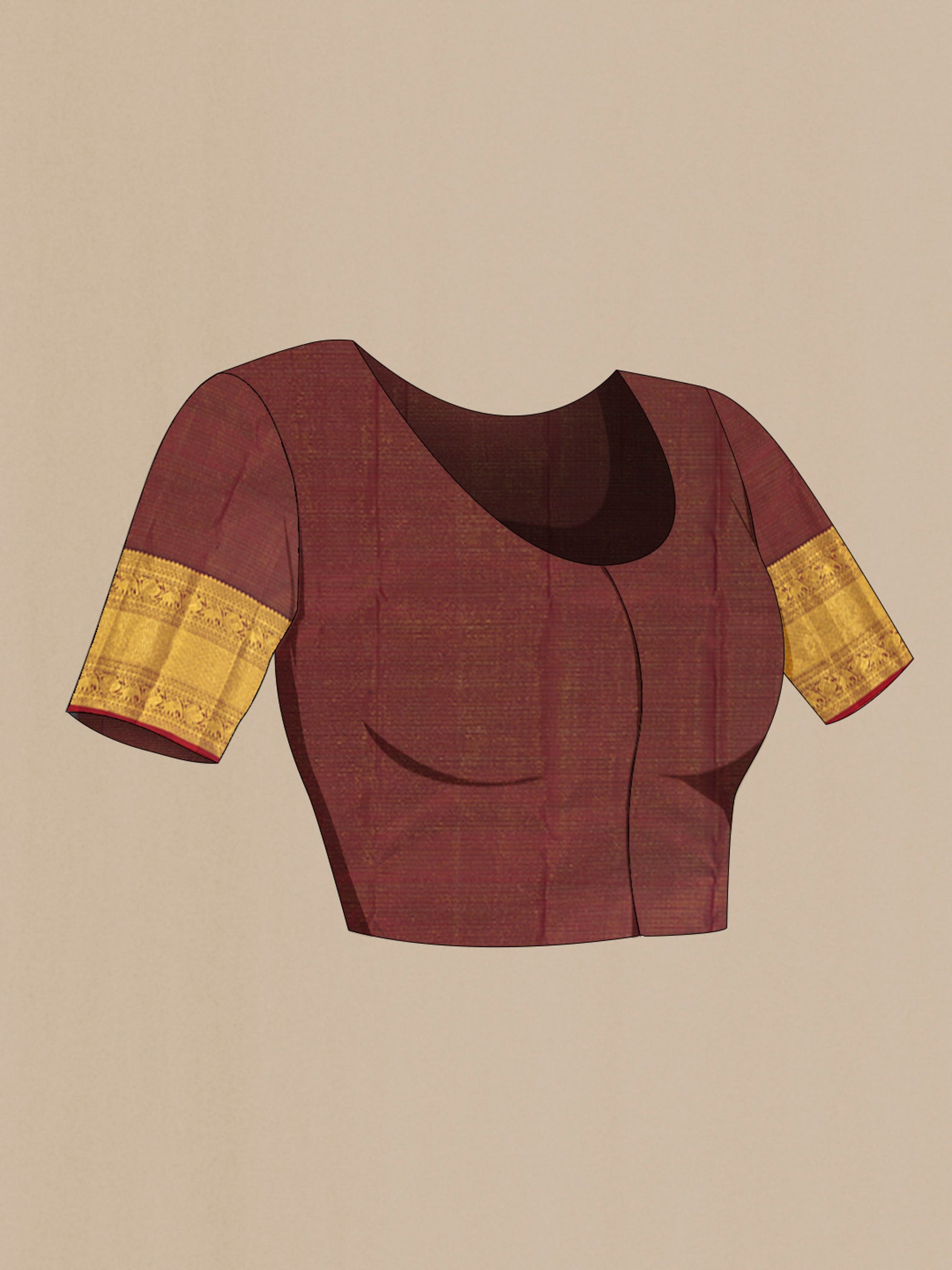 Close up image of the blouse of Coffee Brown Kanchipuram Silk Saree with Zari Butta on the body and Zari Border. 