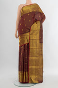 Coffee Brown Kanchipuram Silk Saree with Zari Butta on the body and Zari Border.  displayed on a mannequin