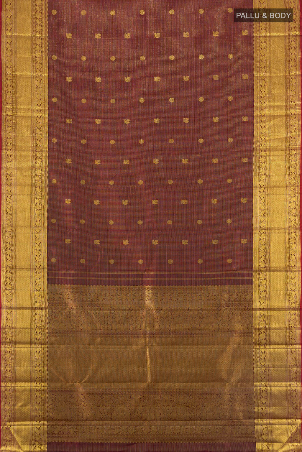 Flat view of Coffee Brown Kanchipuram Silk Saree with Zari Butta on the body and Zari Border. 