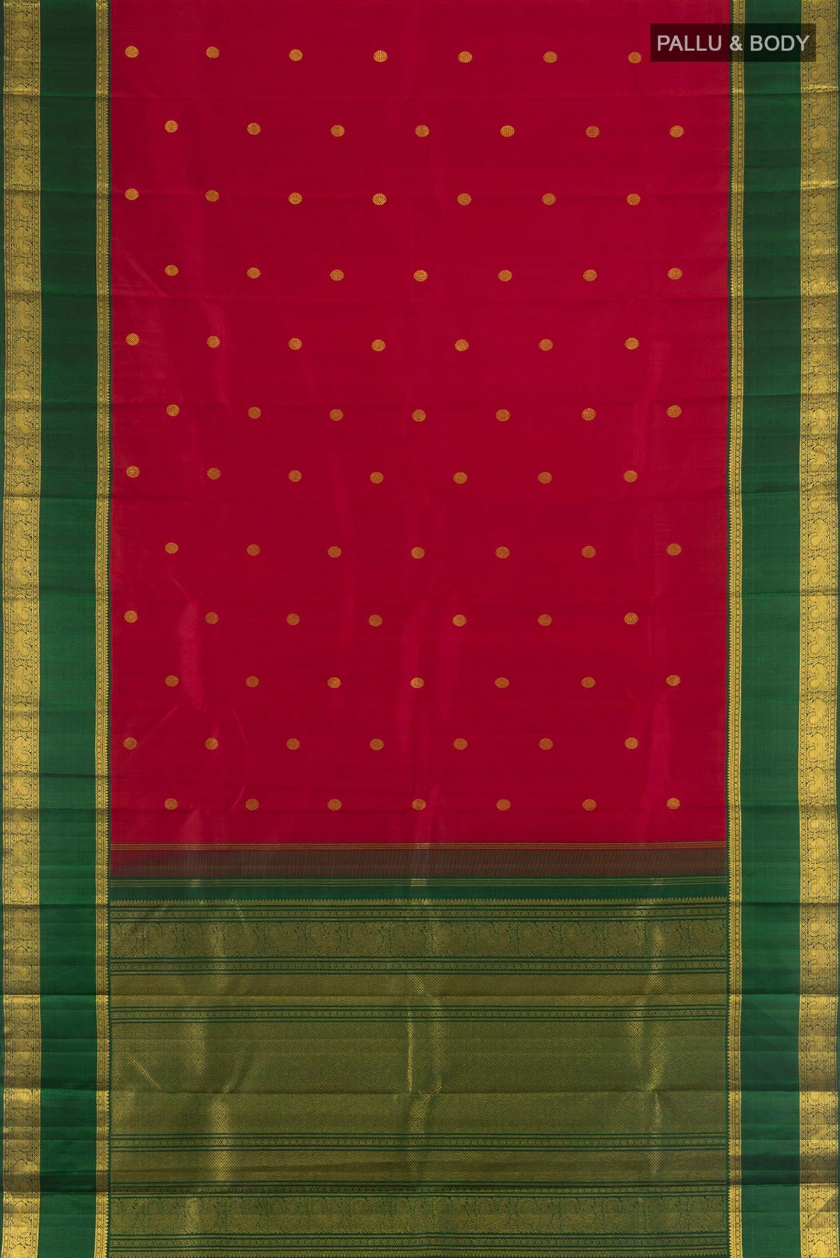 Flat view of Pure Silk Maroon Kanchipuram Saree with Zari Butta on the body and Zari Border. 
