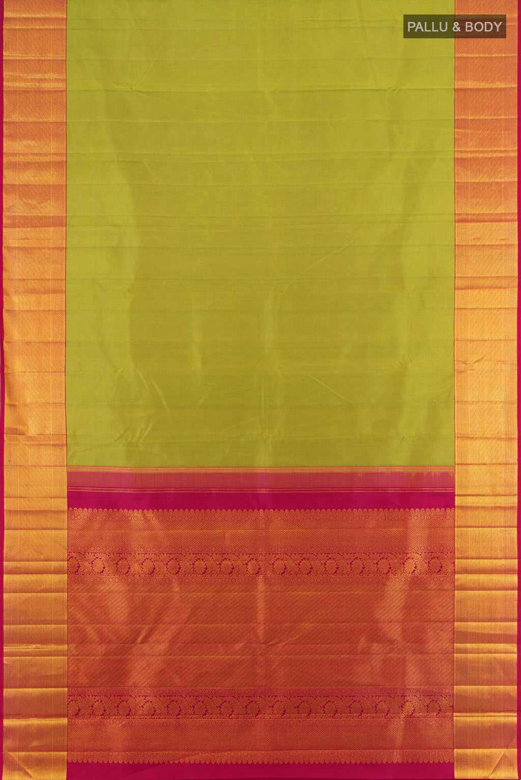 Flat view of Pure Silk Pure Zari Light Green Kanchipuram Saree with Plain Body and Silk Border. 