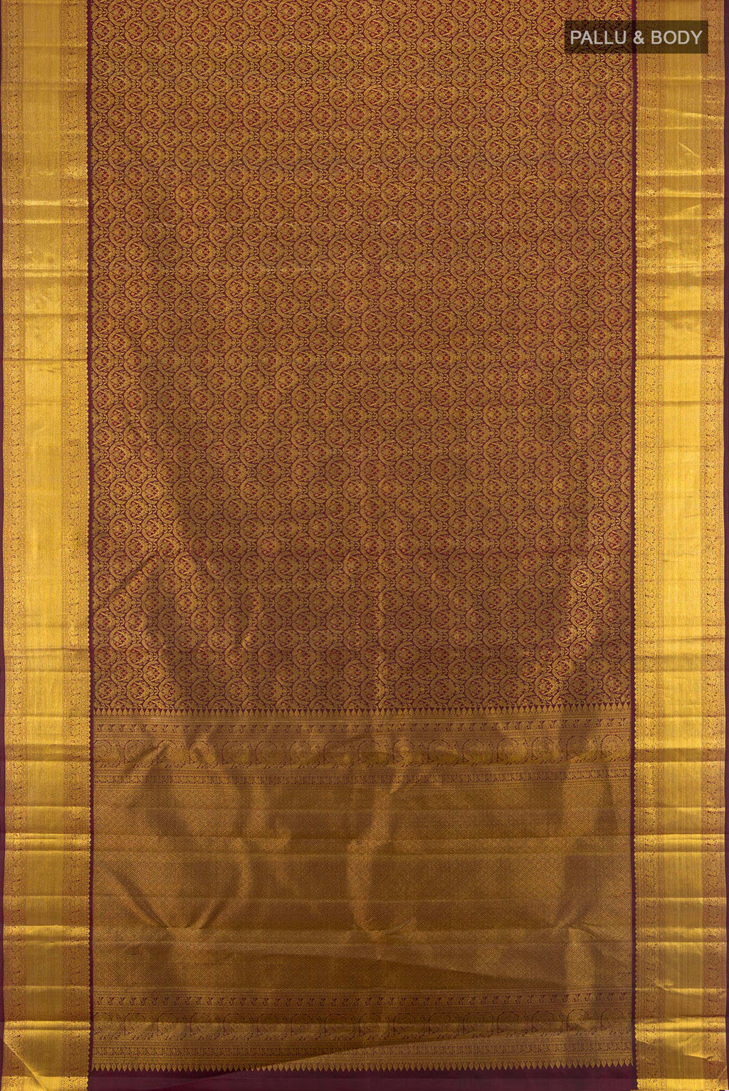 Flat view of Pure Silk Coffee Brown Kanchipuram Saree with Zari Brocade on the body and Zari Border. 