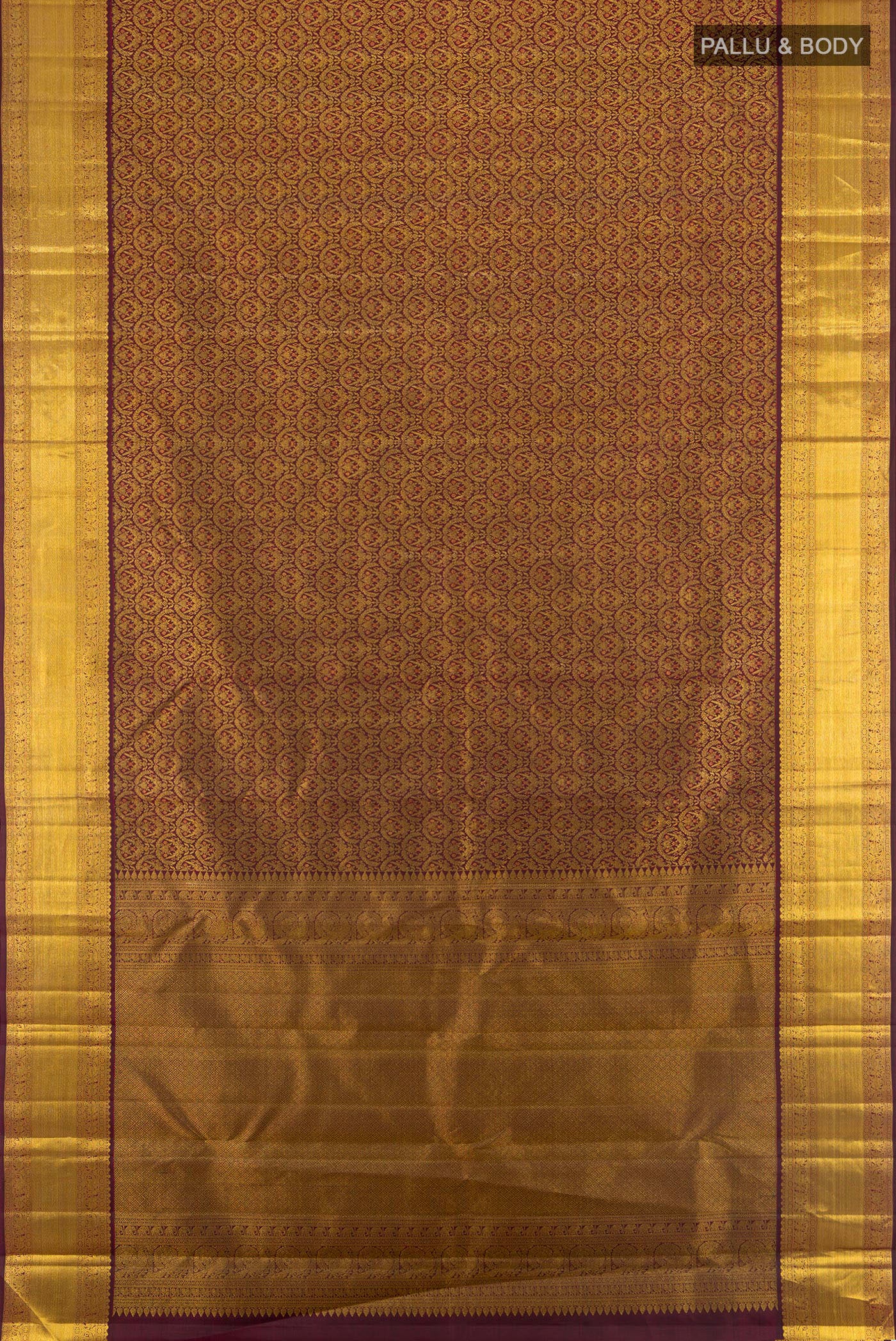 Flat view of Pure Silk Coffee Brown Kanchipuram Saree with Zari Brocade on the body and Zari Border. 