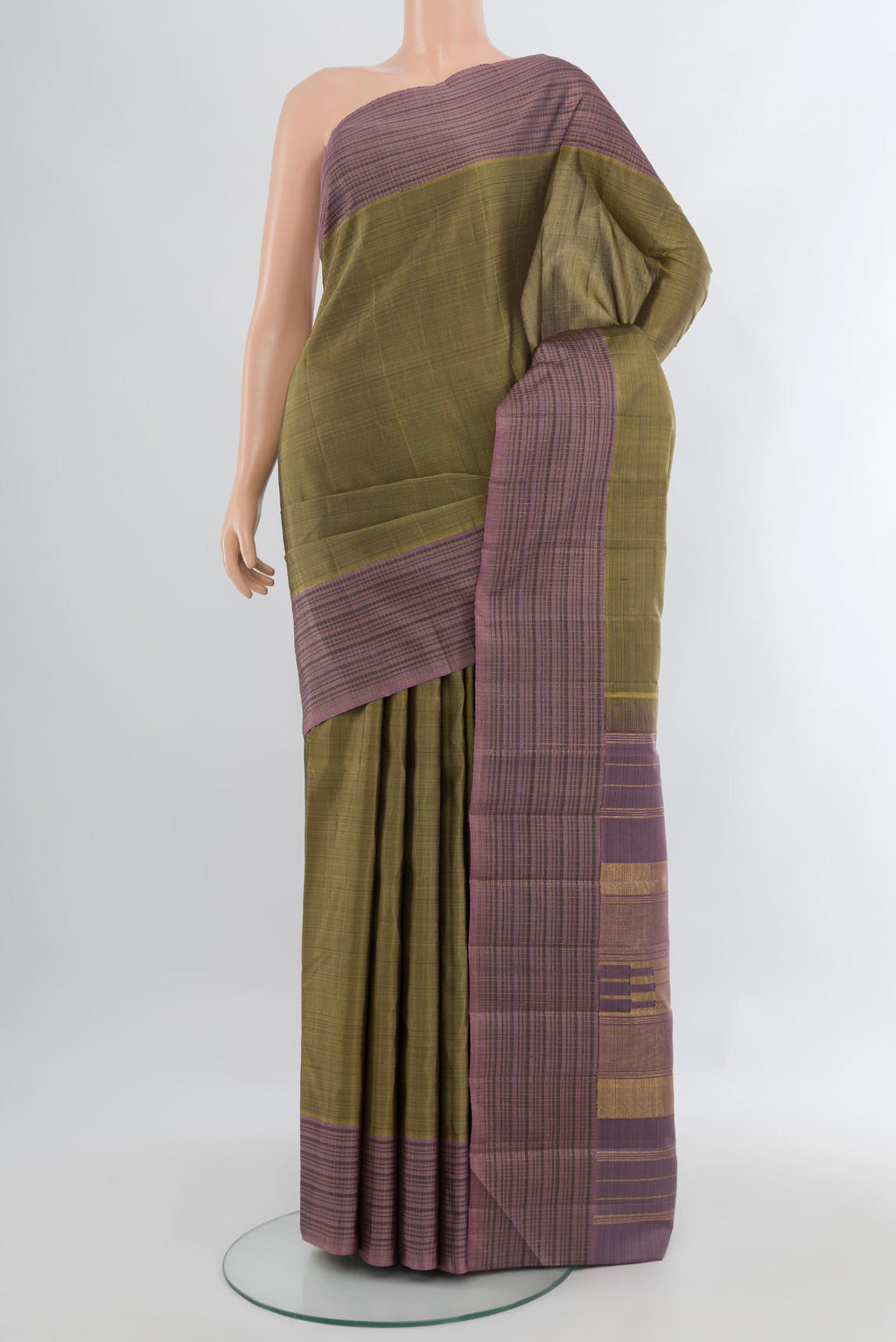 Davys Grey Kanjivaram Silk Saree with Plain Body and Plain Border.  displayed on a mannequin