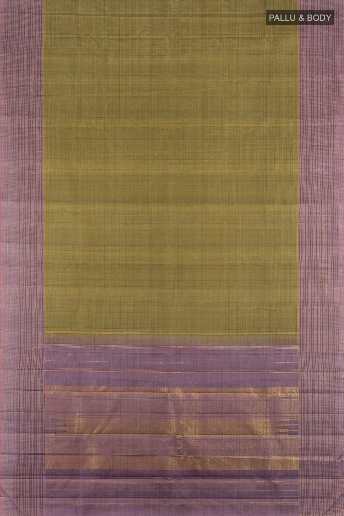 Flat view of Davys Grey Kanjivaram Silk Saree with Plain Body and Plain Border. 
