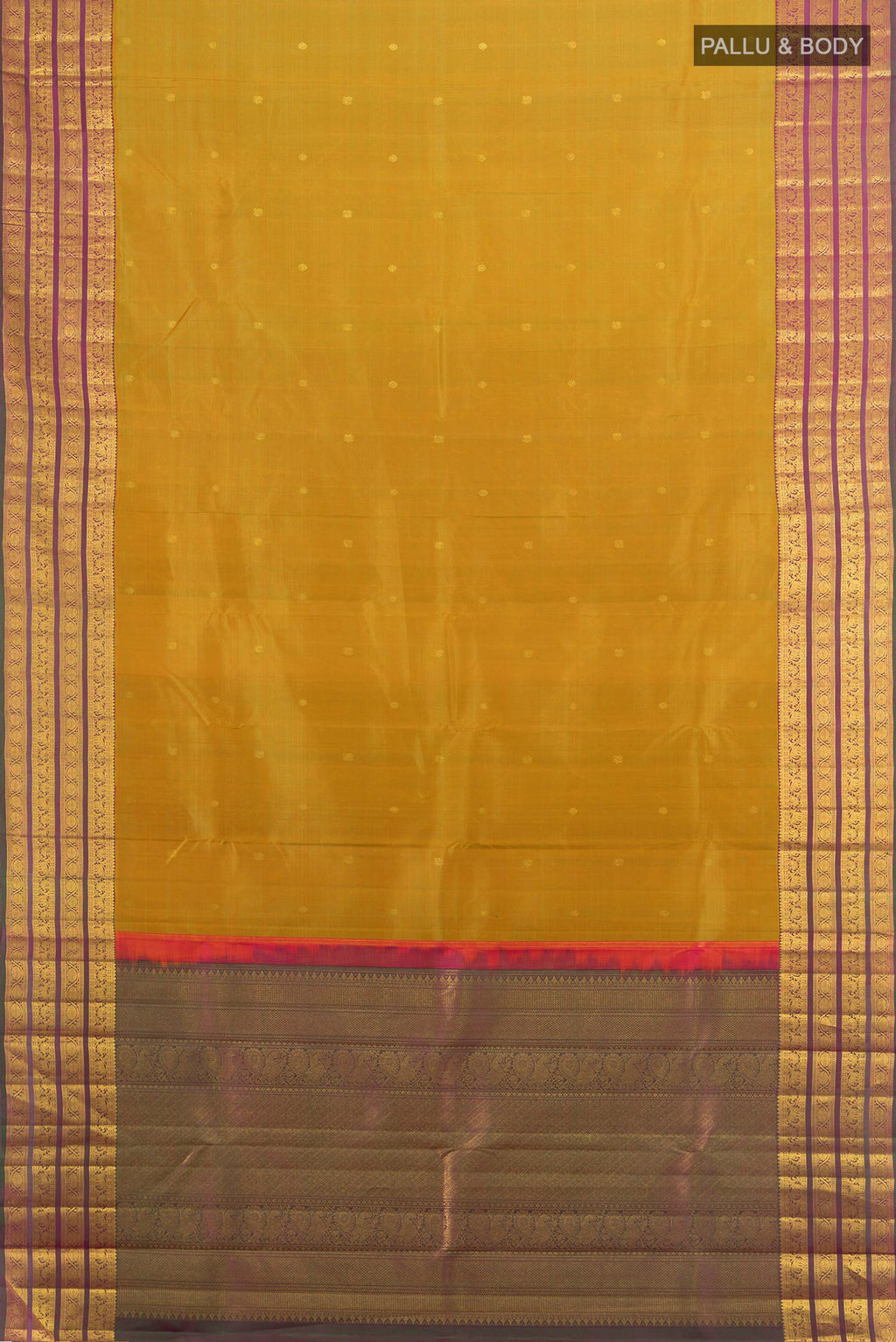 Flat view of Pure Silk Mehandi Green Kanchipuram Saree with Zari Butta on the body and Zari Border. 