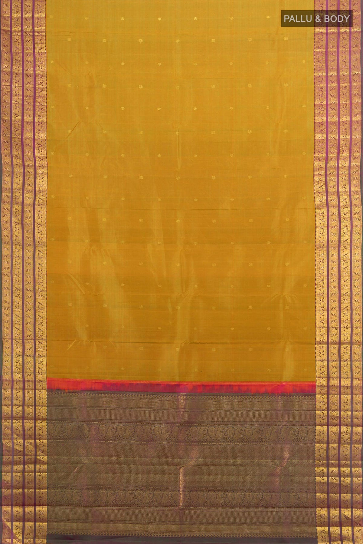 Flat view of Pure Silk Mehandi Green Kanchipuram Saree with Zari Butta on the body and Zari Border. 