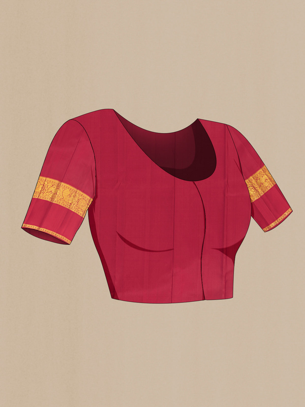 Close up image of the blouse of Beige Kanchipuram Silk Saree with Zari Butta on the body and Zari Border. 