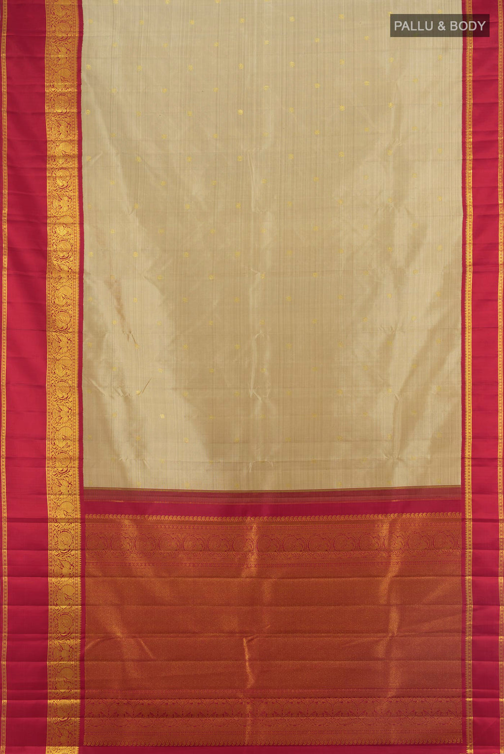 Flat view of Beige Kanchipuram Silk Saree with Zari Butta on the body and Zari Border. 
