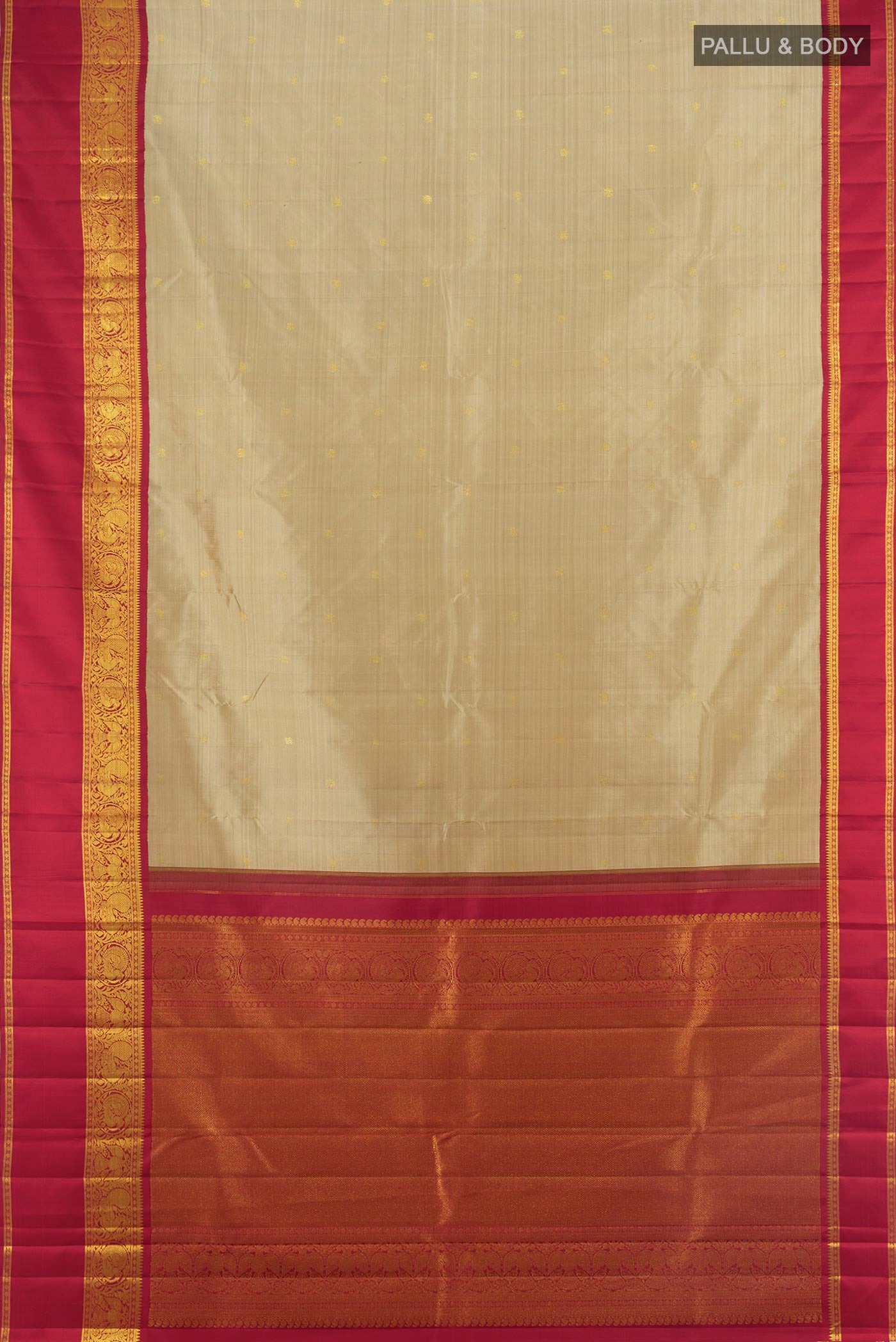 Flat view of Beige Kanchipuram Silk Saree with Zari Butta on the body and Zari Border. 