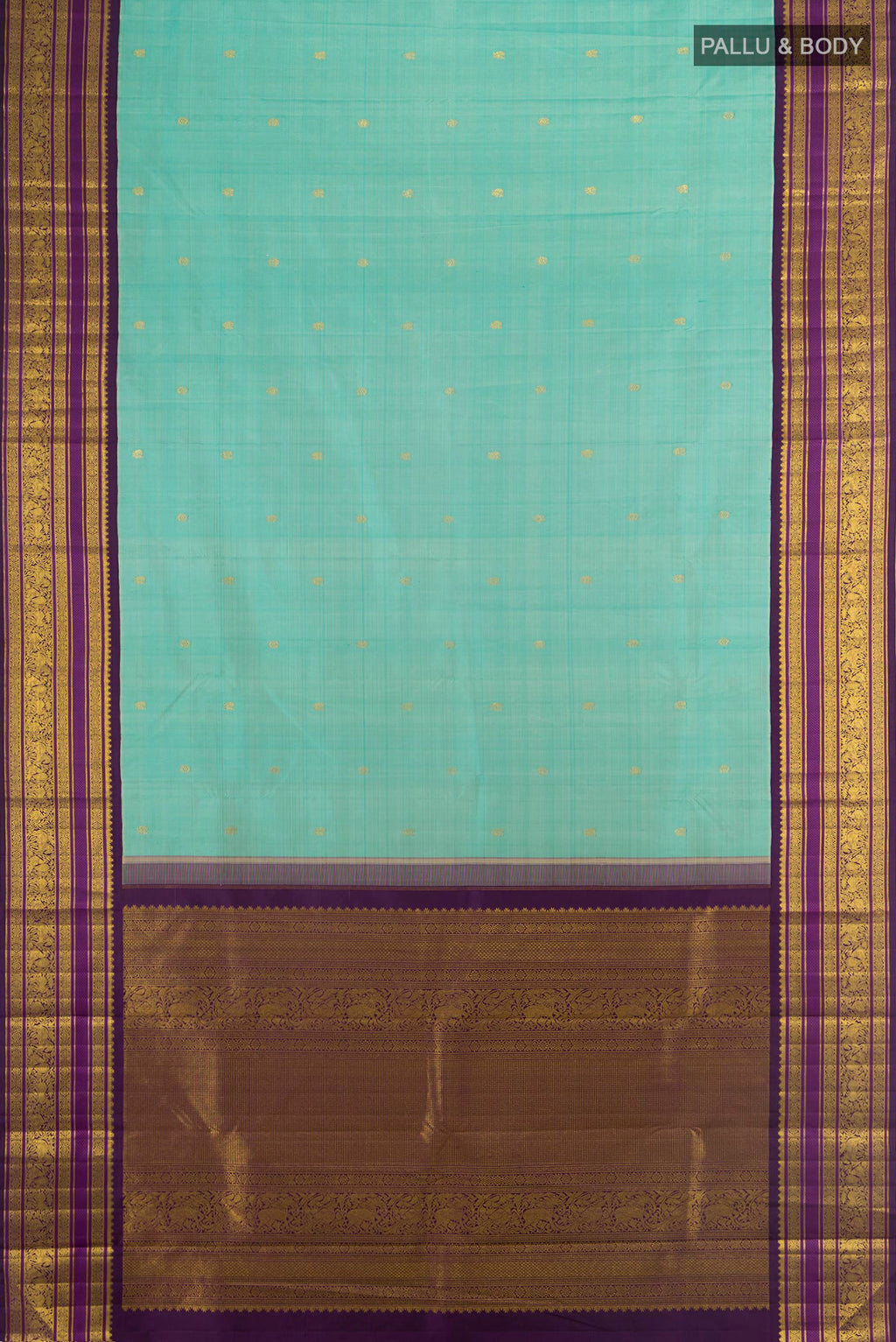 Flat view of Pure Silk Sky Blue Kanchipuram Saree with Zari Butta on the body and Zari Border. 