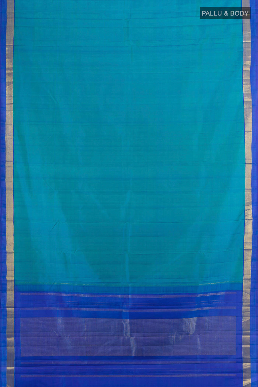 Flat view of Pure Silk Peacock Blue Kanjivaram Saree with Plain Body and Zari Border. 