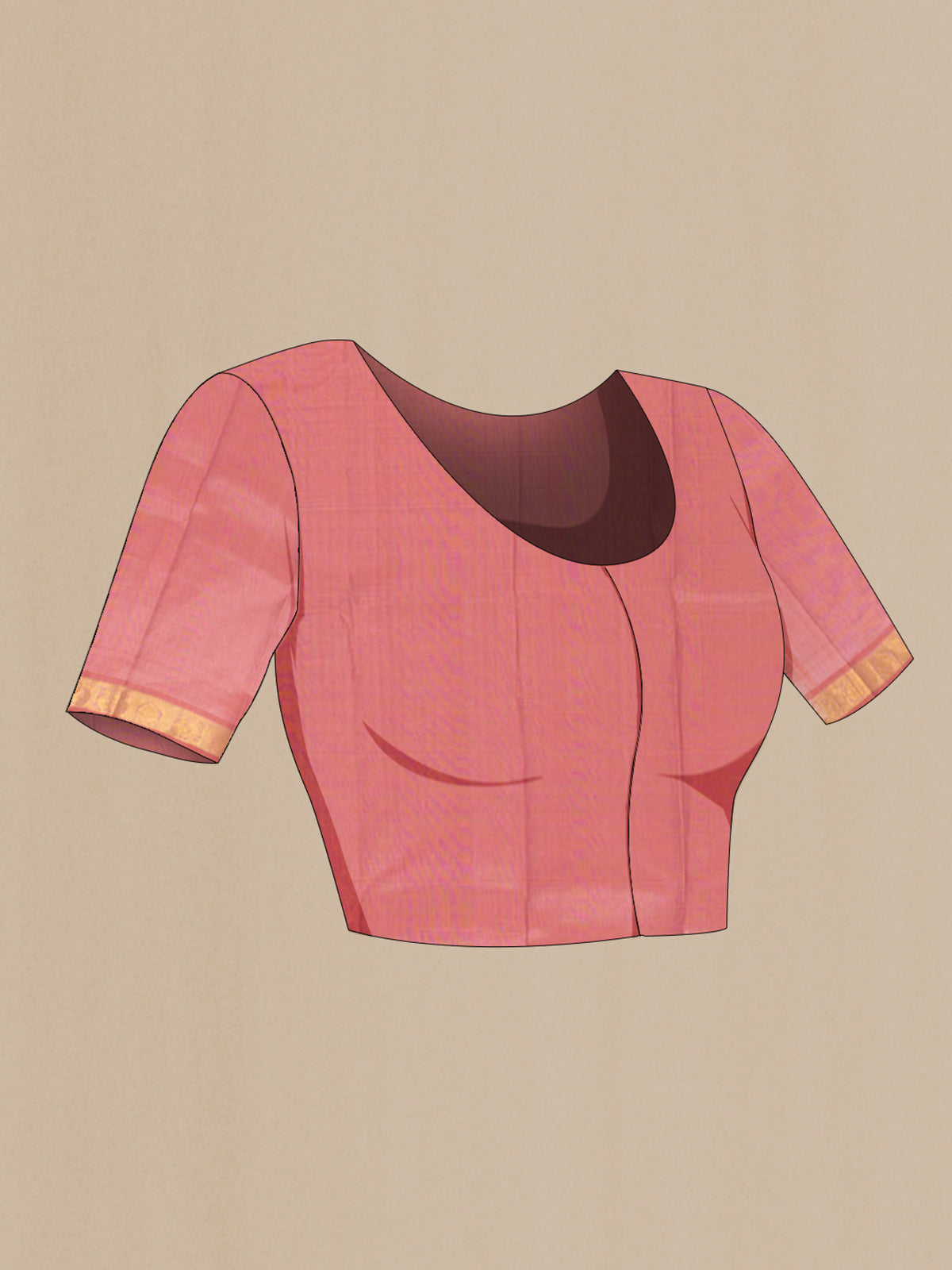 Close up image of the blouse of Pure Silk Rose Gold Kanjivaram Saree with Zari Butta on the body and Silk Border. 