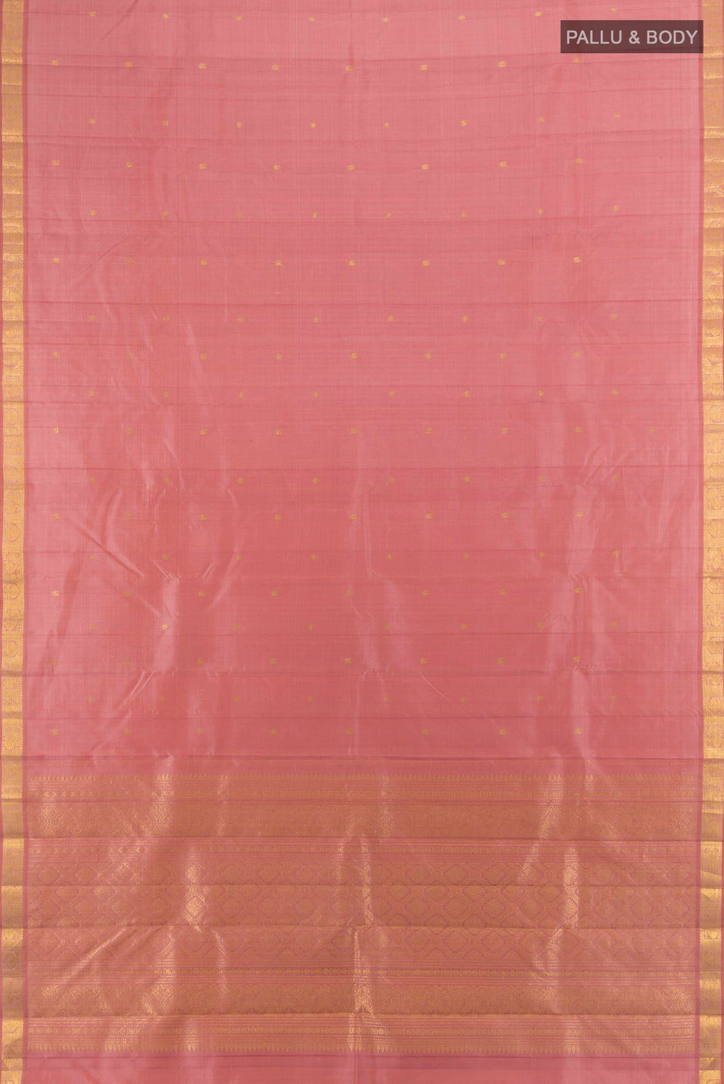 Flat view of Pure Silk Rose Gold Kanjivaram Saree with Zari Butta on the body and Silk Border. 