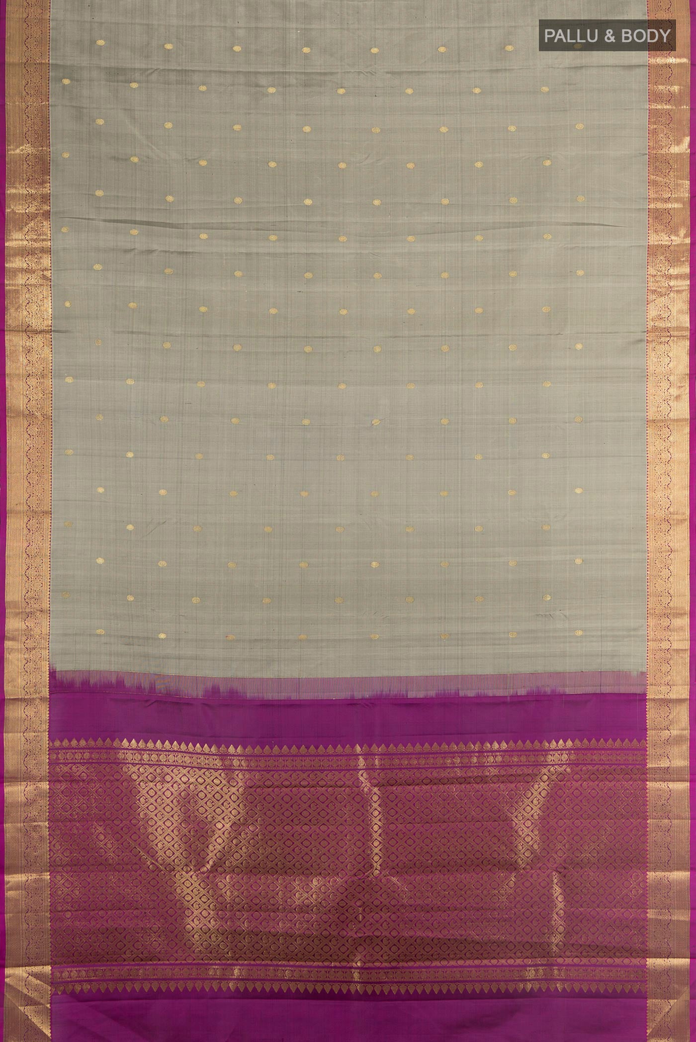 Flat view of Grey Kanjivaram Silk Saree with Zari Butta on the body and Zari Border. 