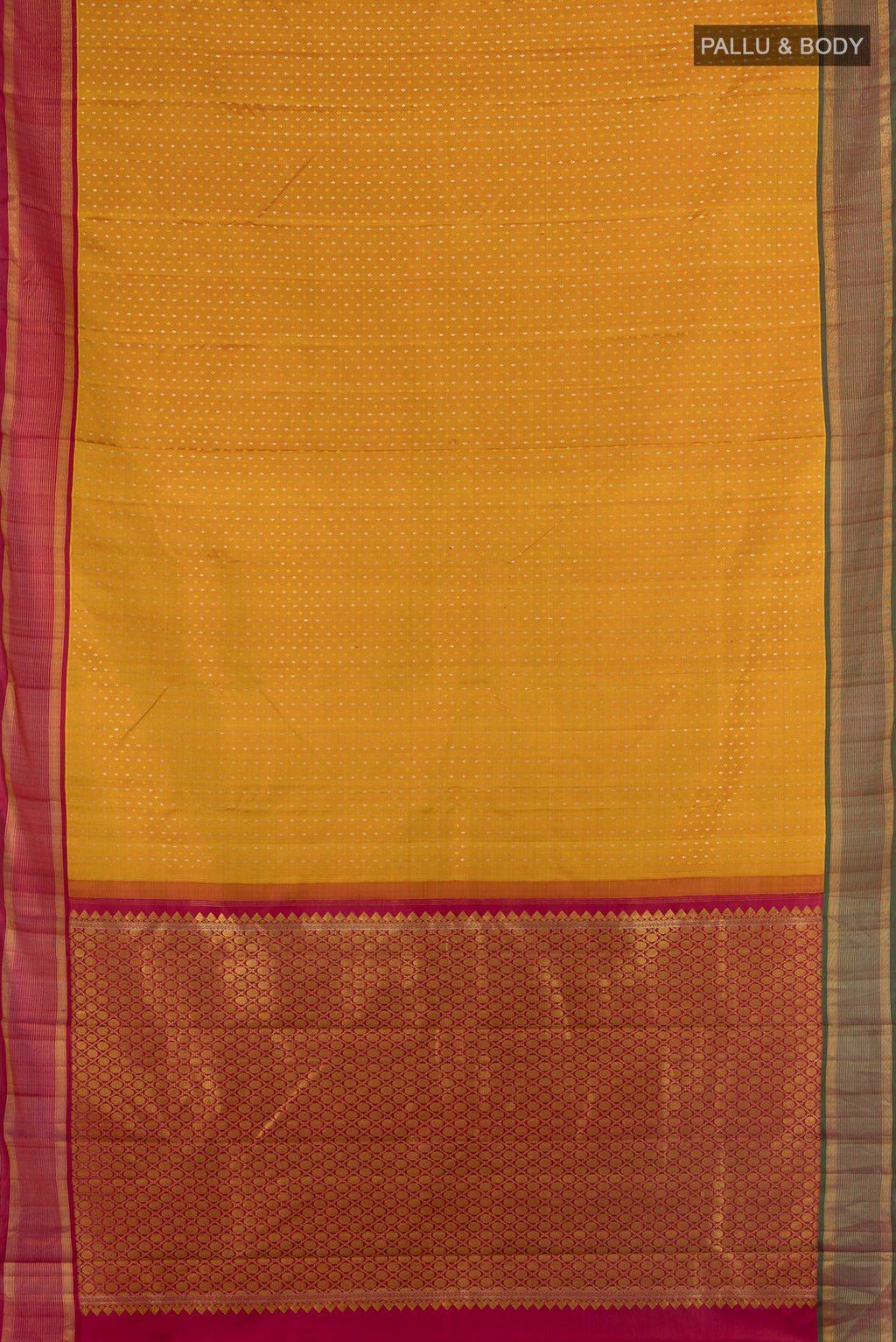 Flat view of Pure Silk Mustard Kanjivaram Saree with Zari Butta on the body and Silk Border. 