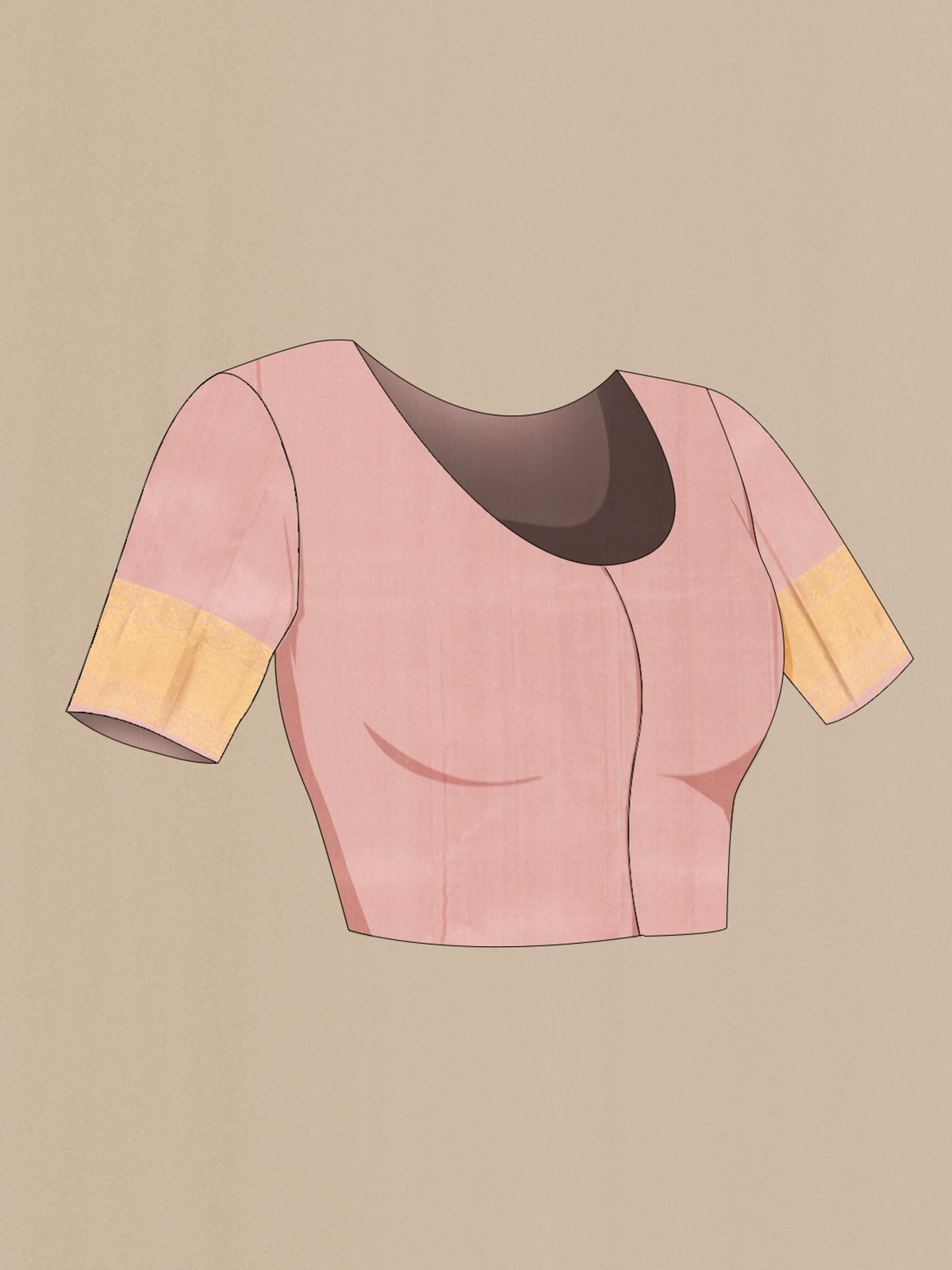 Close up image of the blouse of Pure Silk Peach Kanchipuram Saree with Jacquard design on the body and Zari Border. 