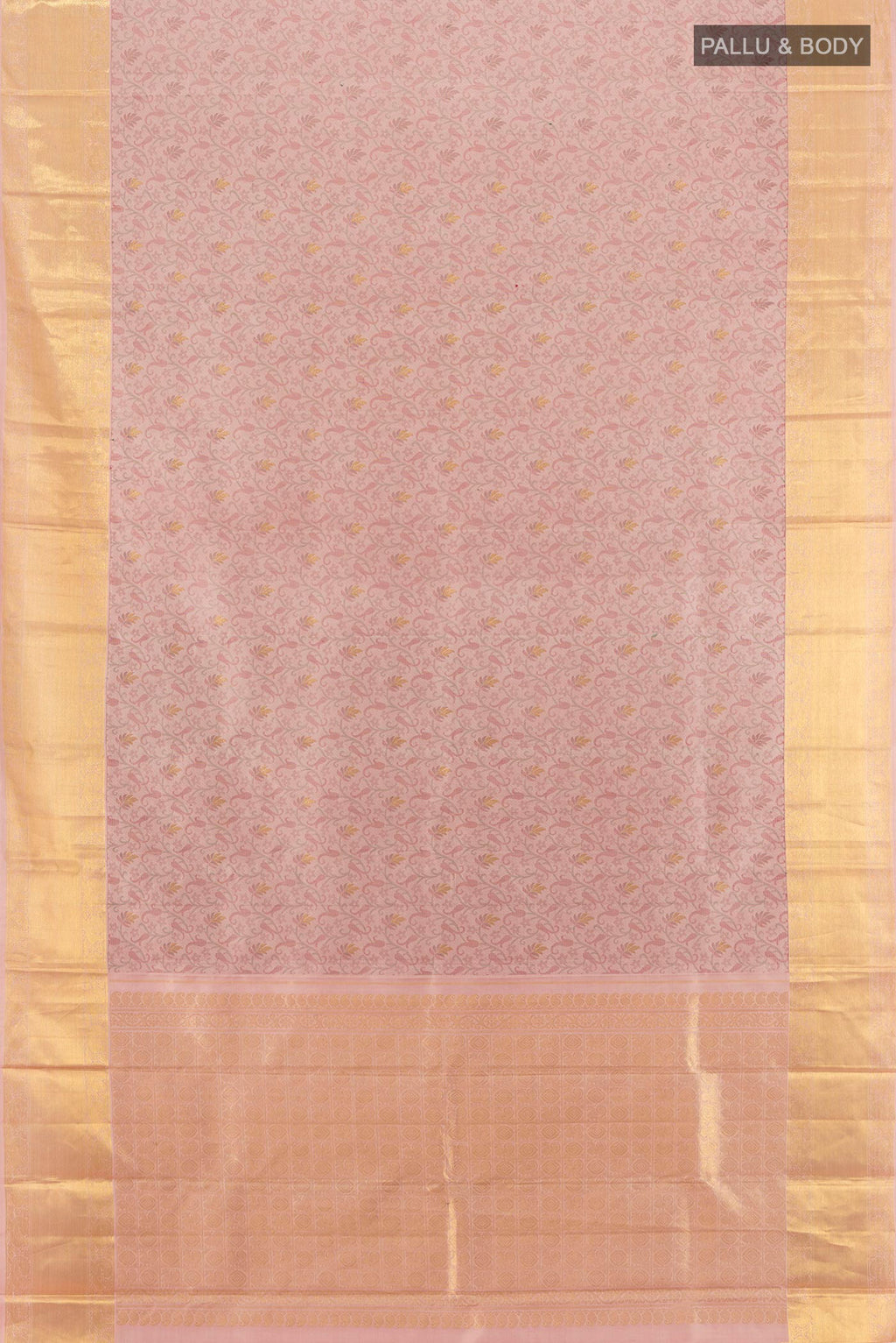 Flat view of Pure Silk Peach Kanchipuram Saree with Jacquard design on the body and Zari Border. 