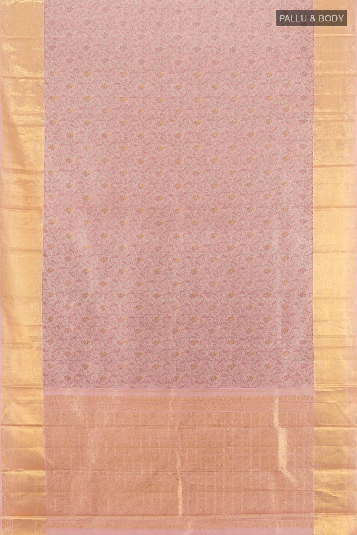 Flat view of Pure Silk Peach Kanchipuram Saree with Jacquard design on the body and Zari Border. 