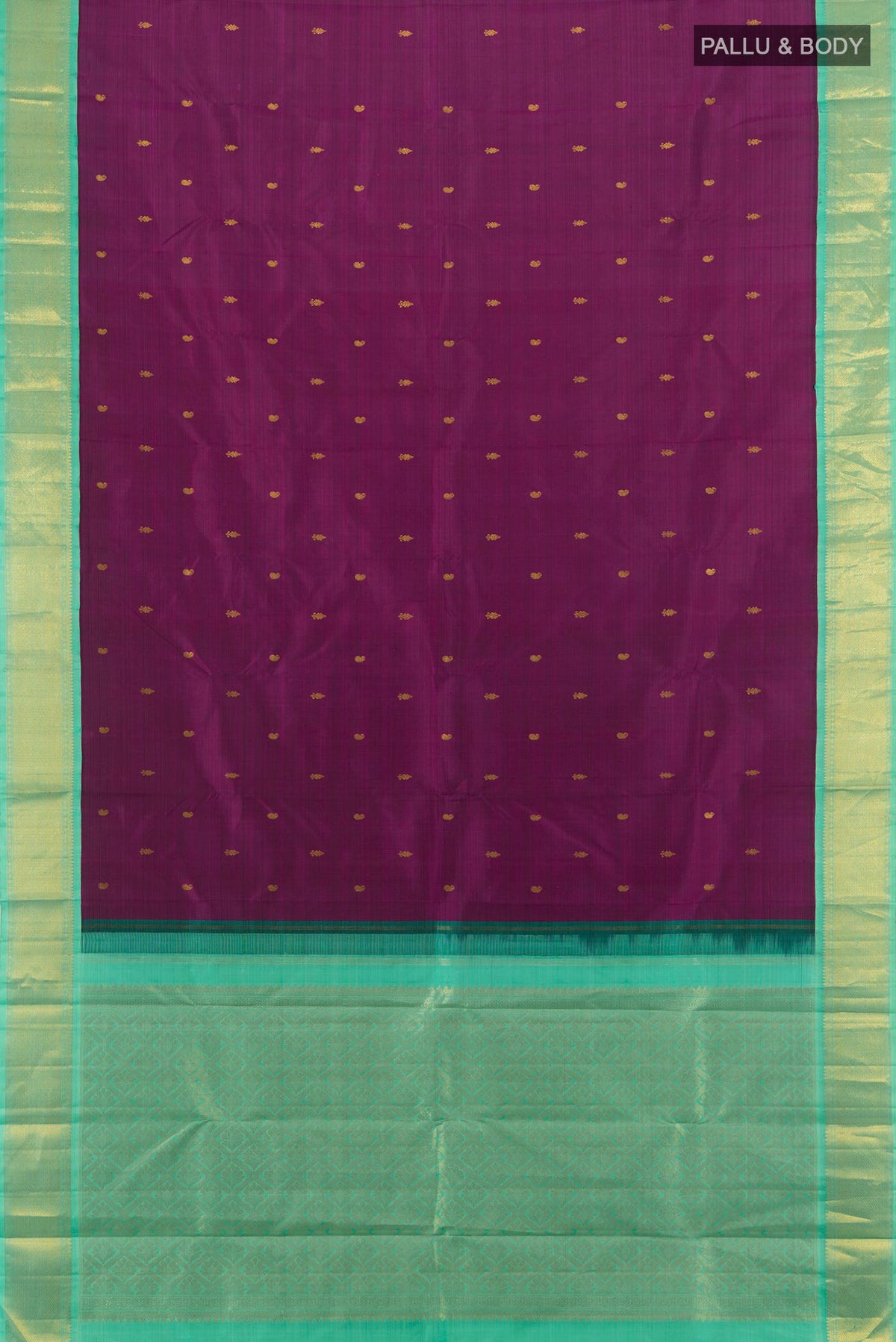 Flat view of Pure Silk Pure Zari Violet Kanjivaram Saree with Zari Butta on the body and Silk Border. 