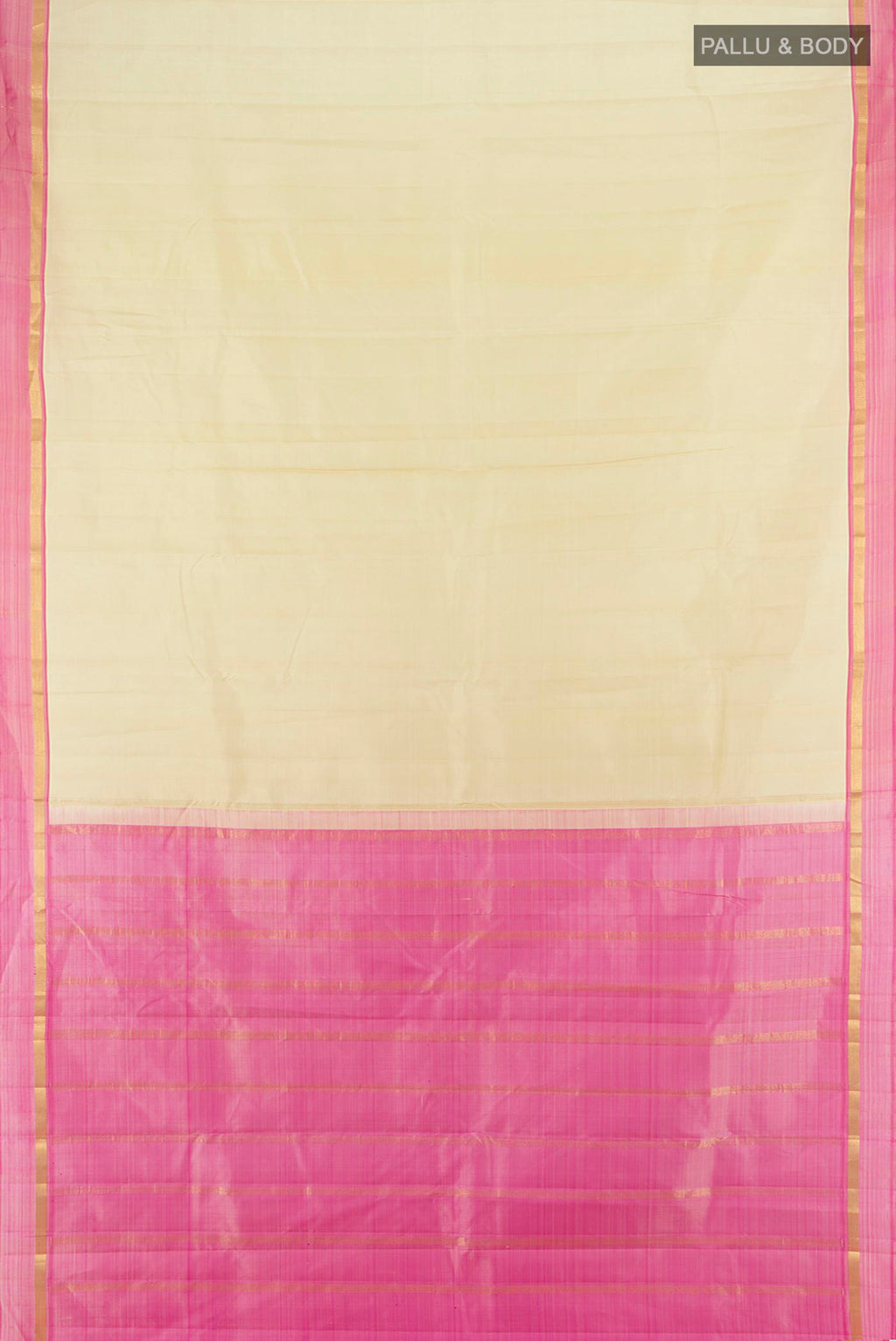 Flat view of Pure Silk Cream Kanjivaram Saree with Plain Body and Plain Border. 