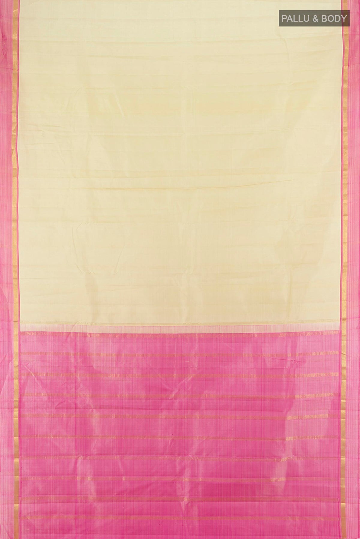 Flat view of Pure Silk Cream Kanjivaram Saree with Plain Body and Plain Border. 