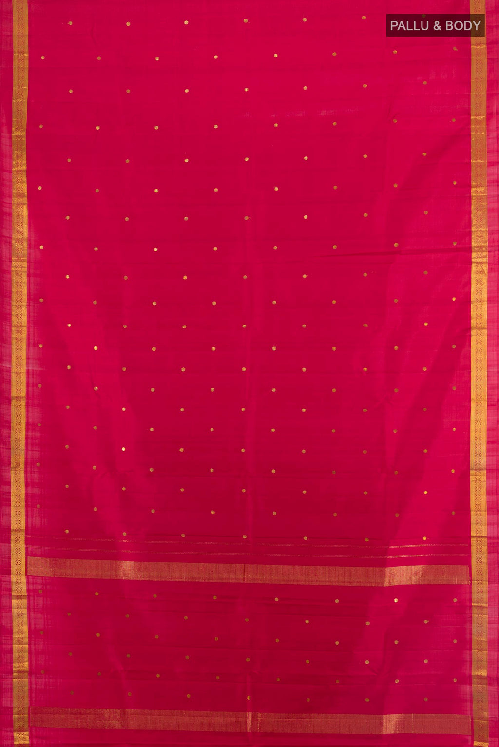 Flat view of Pure Silk Red Kanjivaram Saree with Zari Butta on the body and Zari Border. 